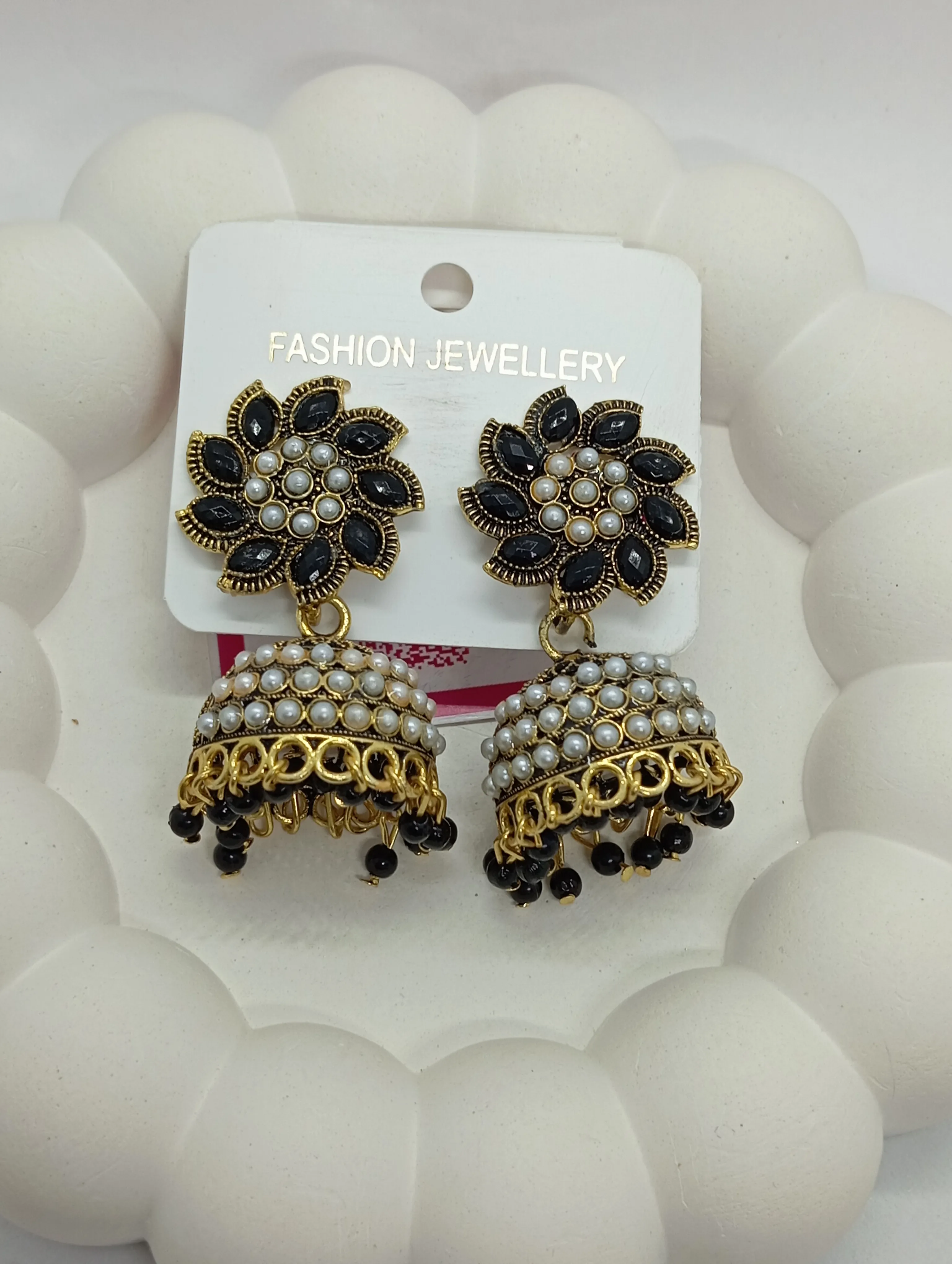 Pearl and Black Stone Jhumka Earrings
