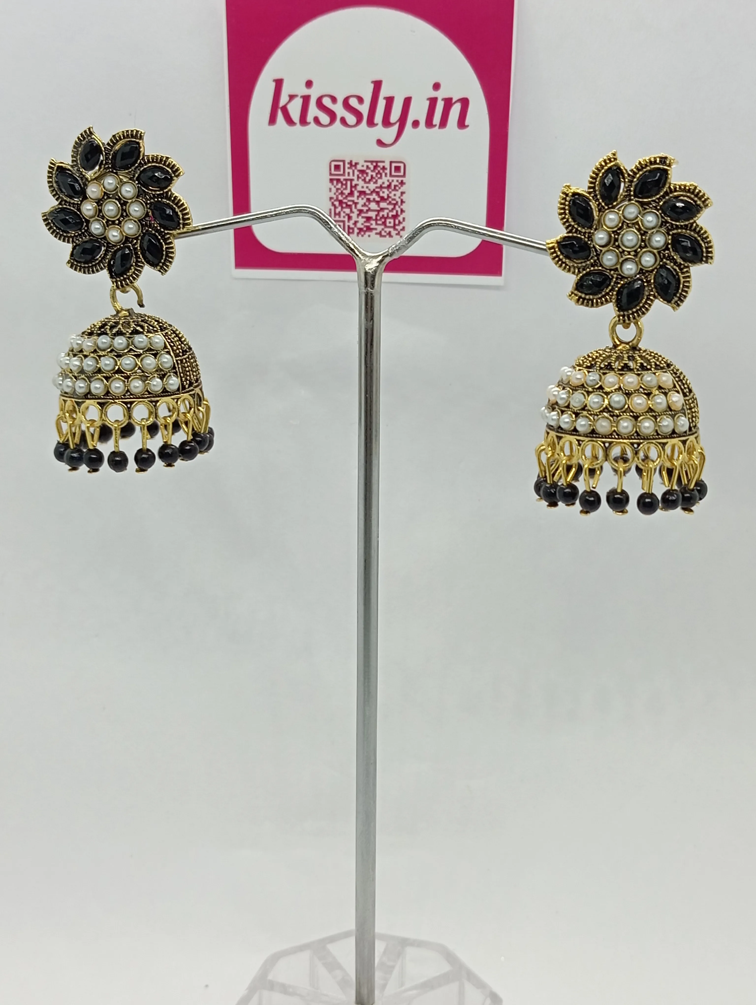 Pearl and Black Stone Jhumka Earrings
