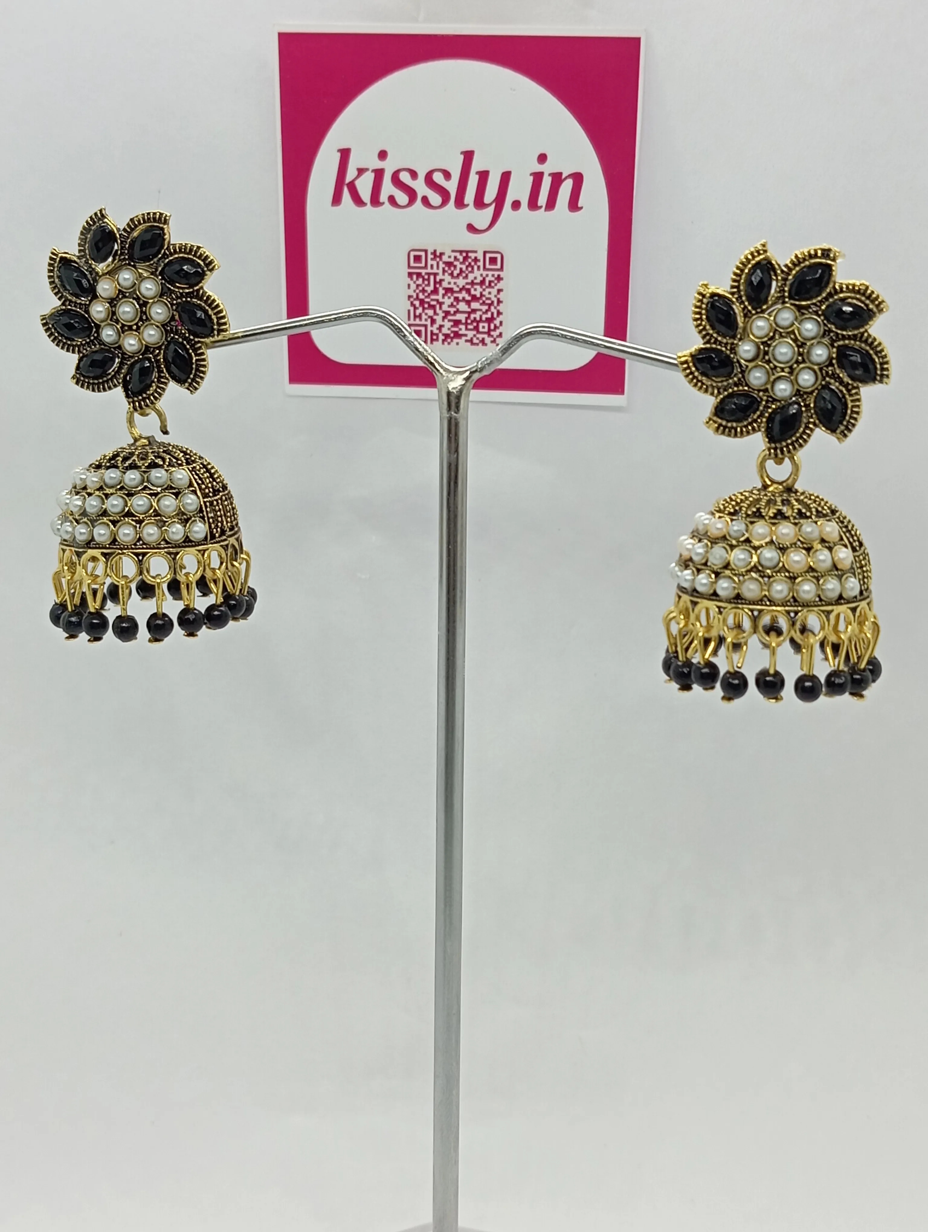 Pearl and Black Stone Jhumka Earrings