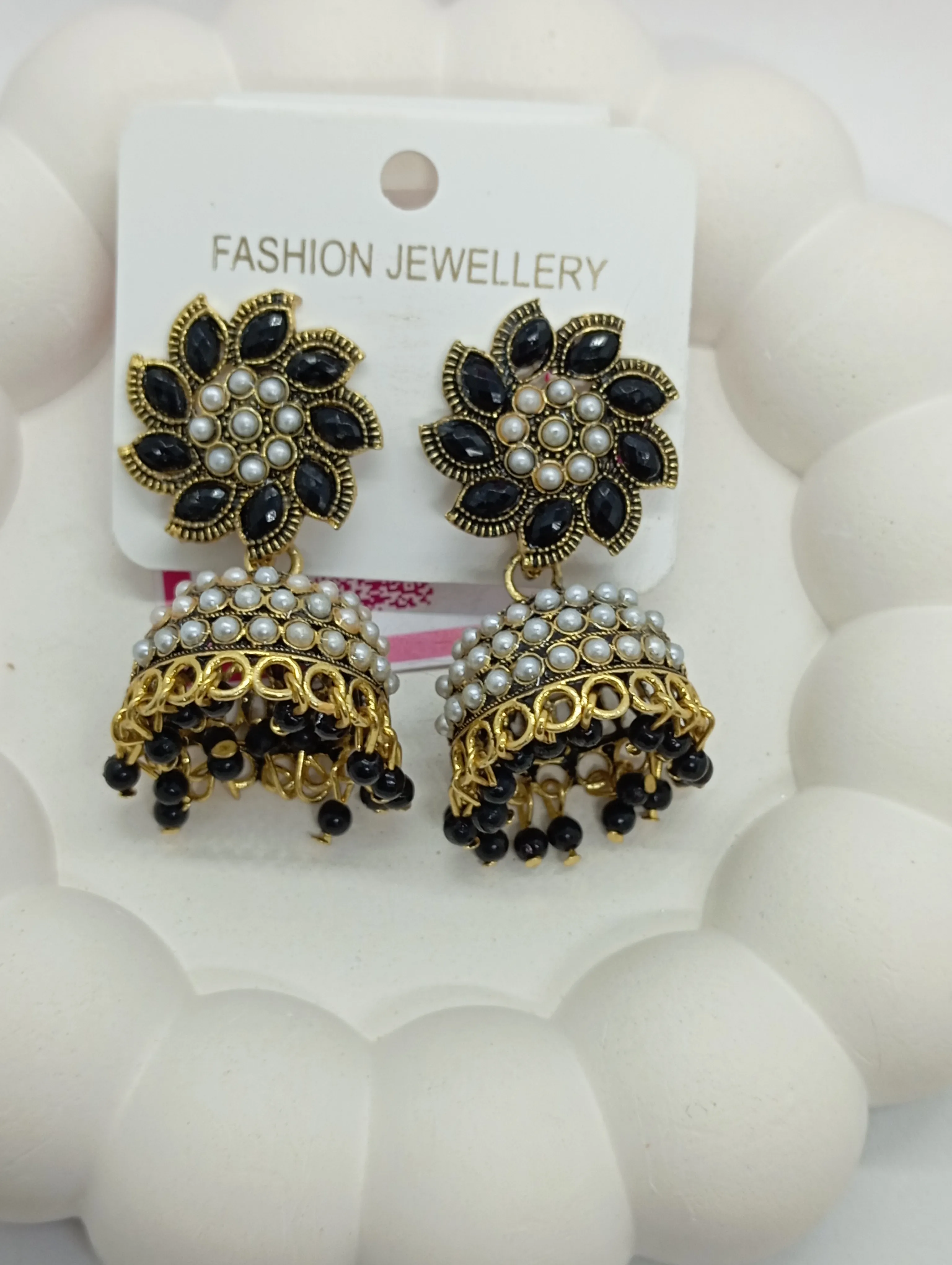 Pearl and Black Stone Jhumka Earrings