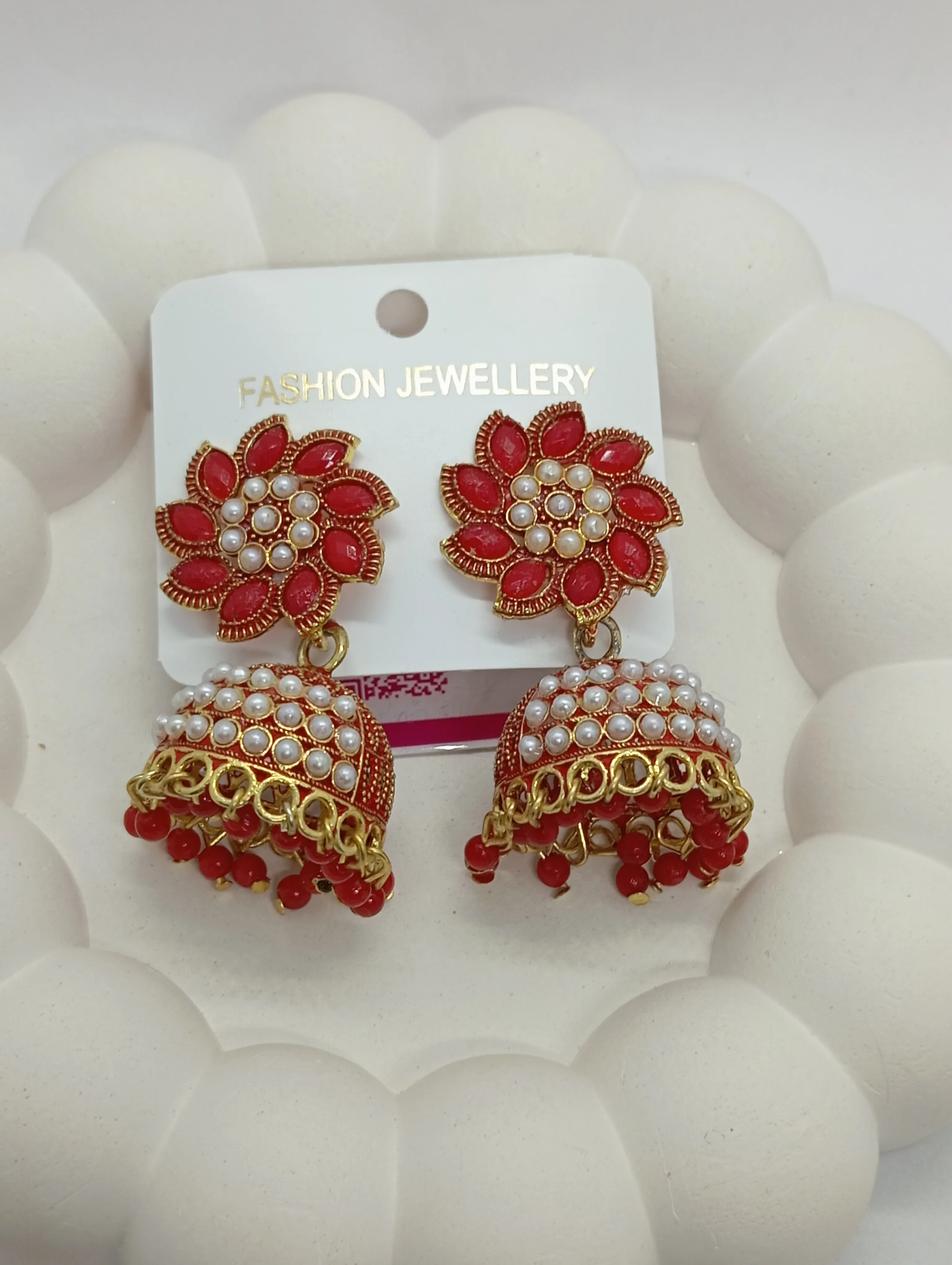 Red and Pearl Jhumka Earrings