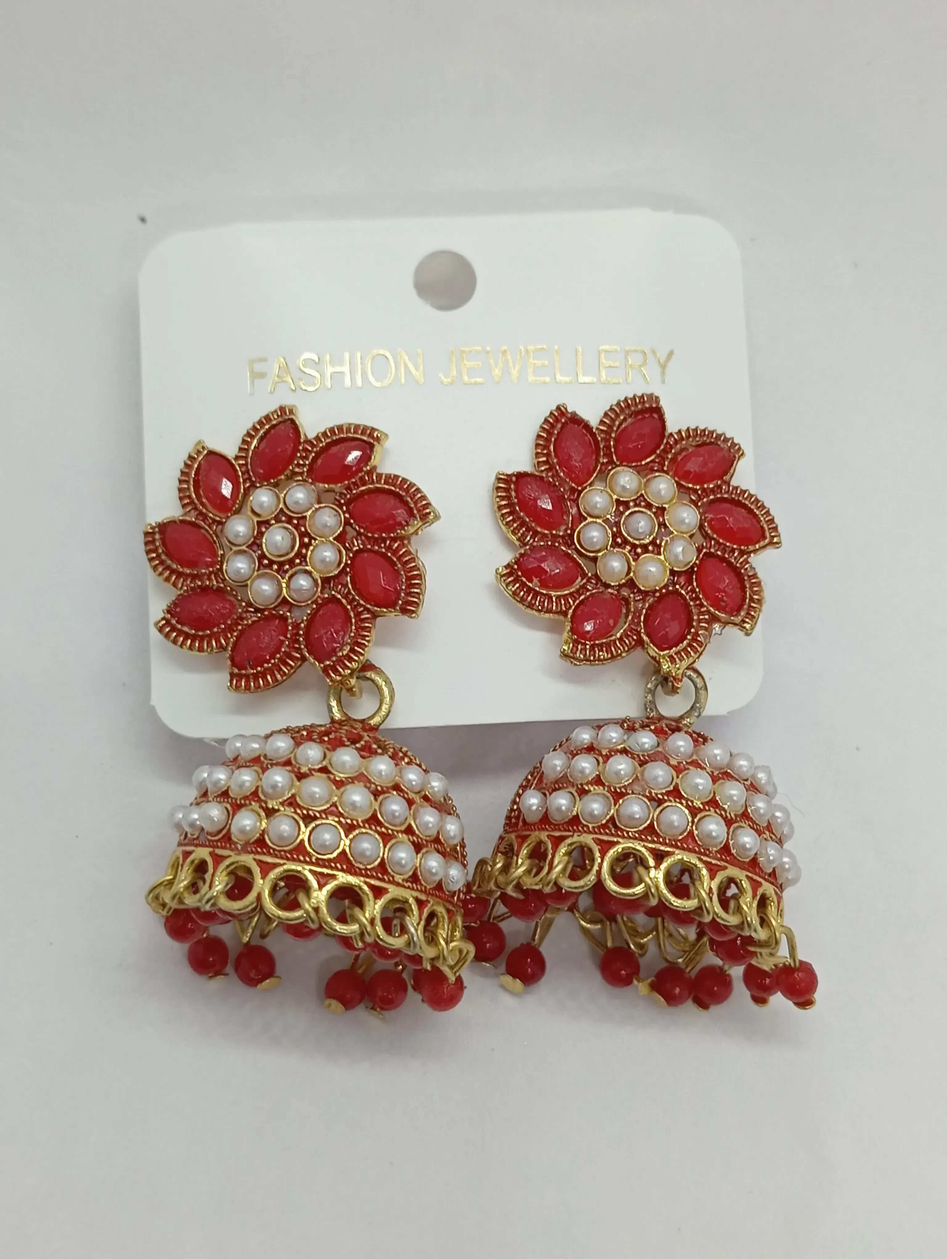 Red and Pearl Jhumka Earrings
