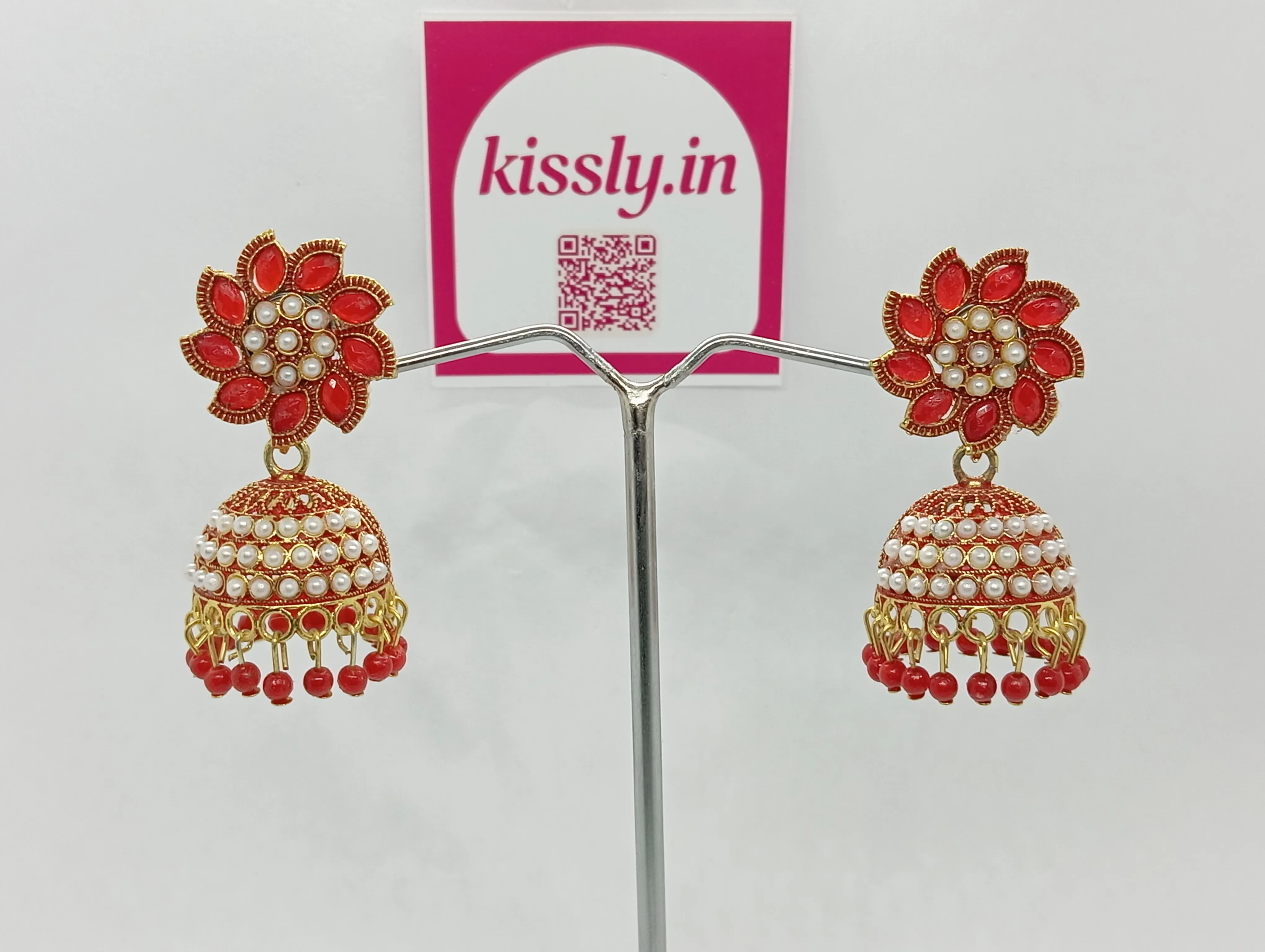 Red and Pearl Jhumka Earrings
