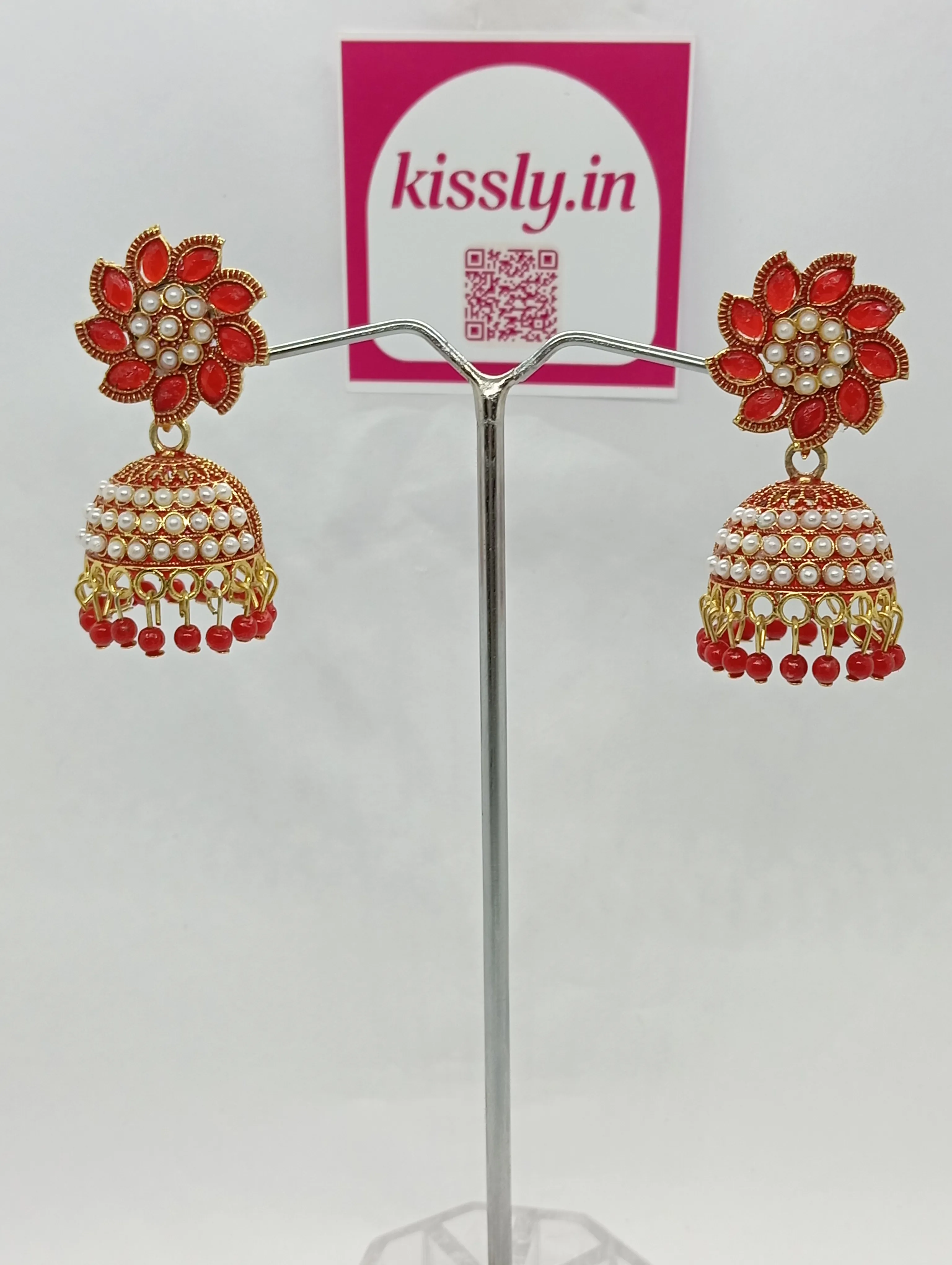 Red and Pearl Jhumka Earrings