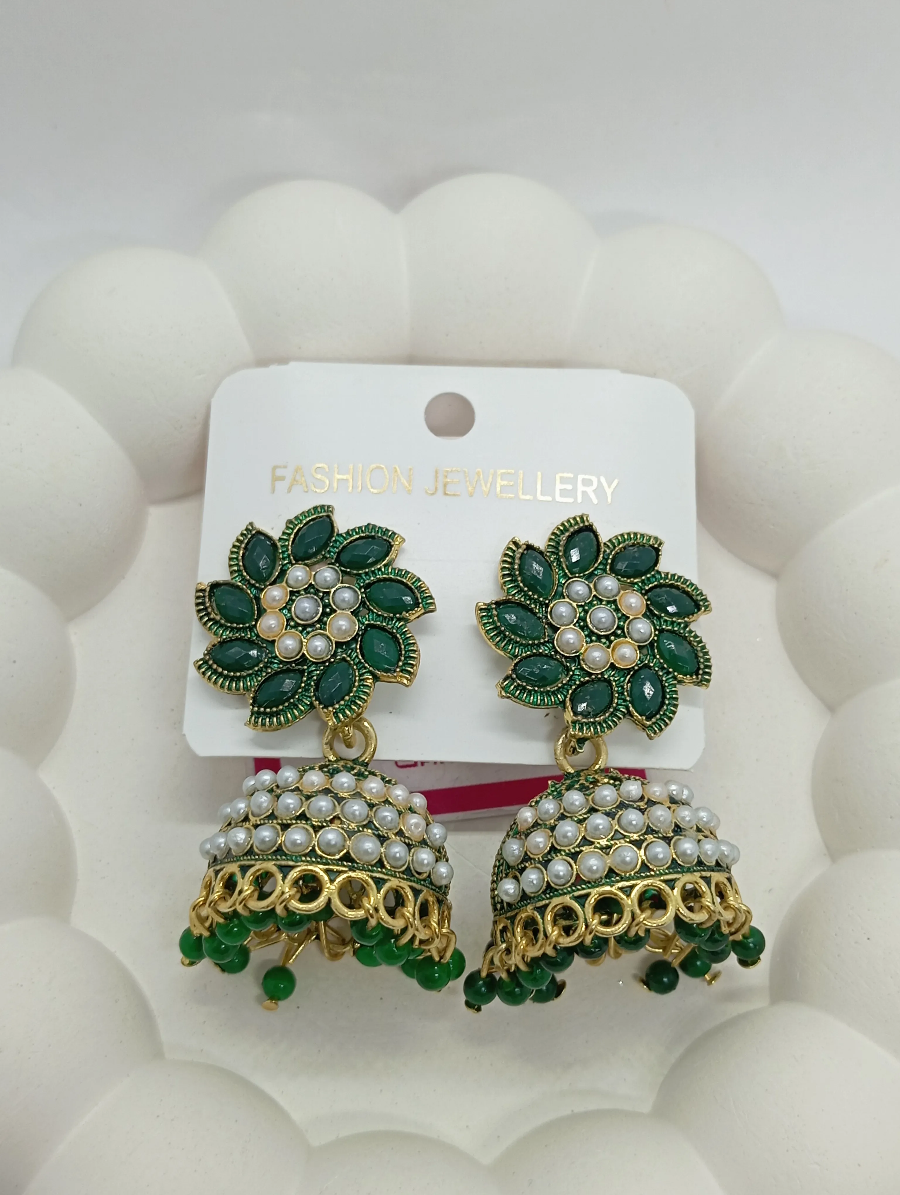 Pearl and Green Stone Jhumka Earrings