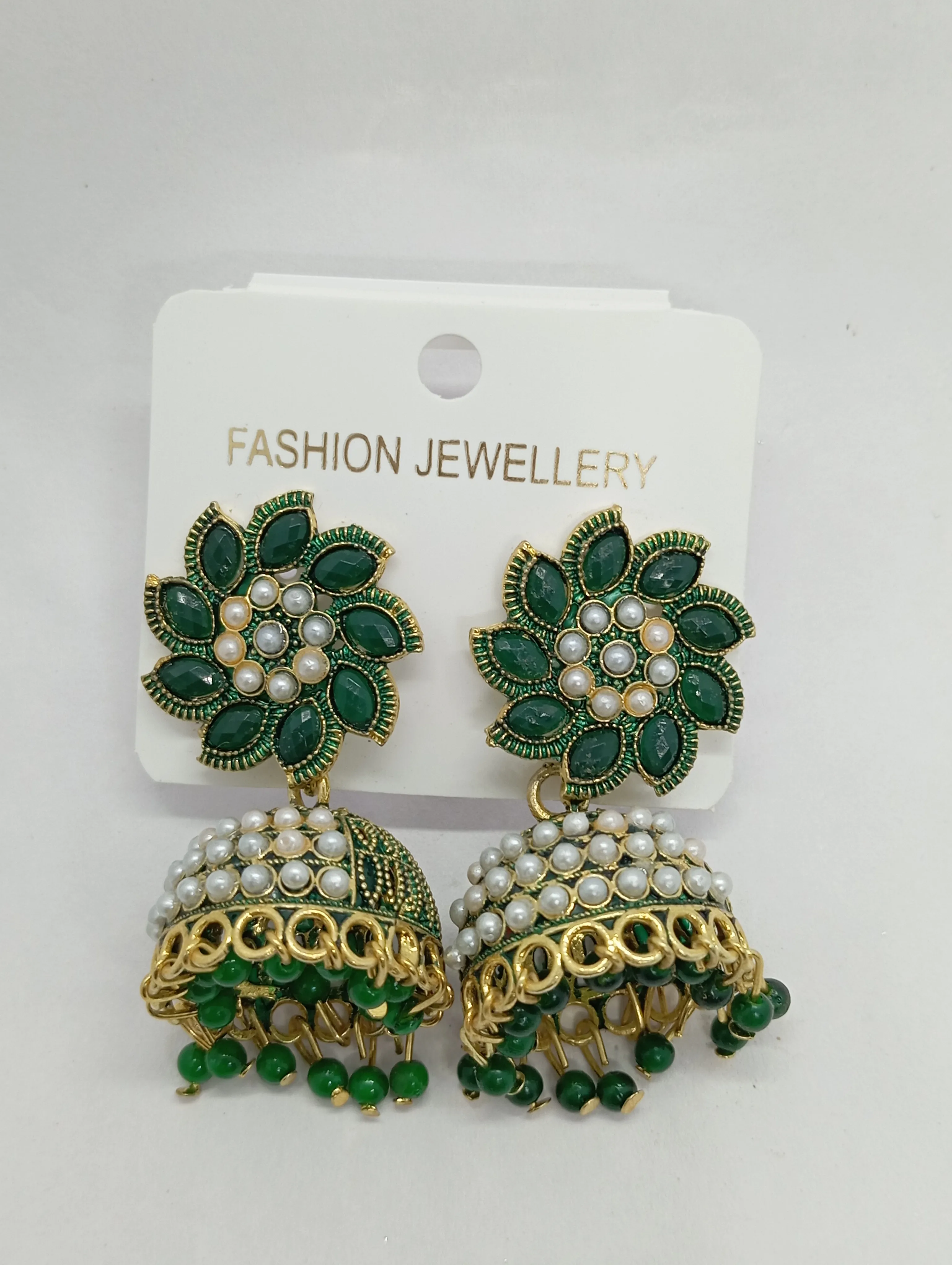Pearl and Green Stone Jhumka Earrings