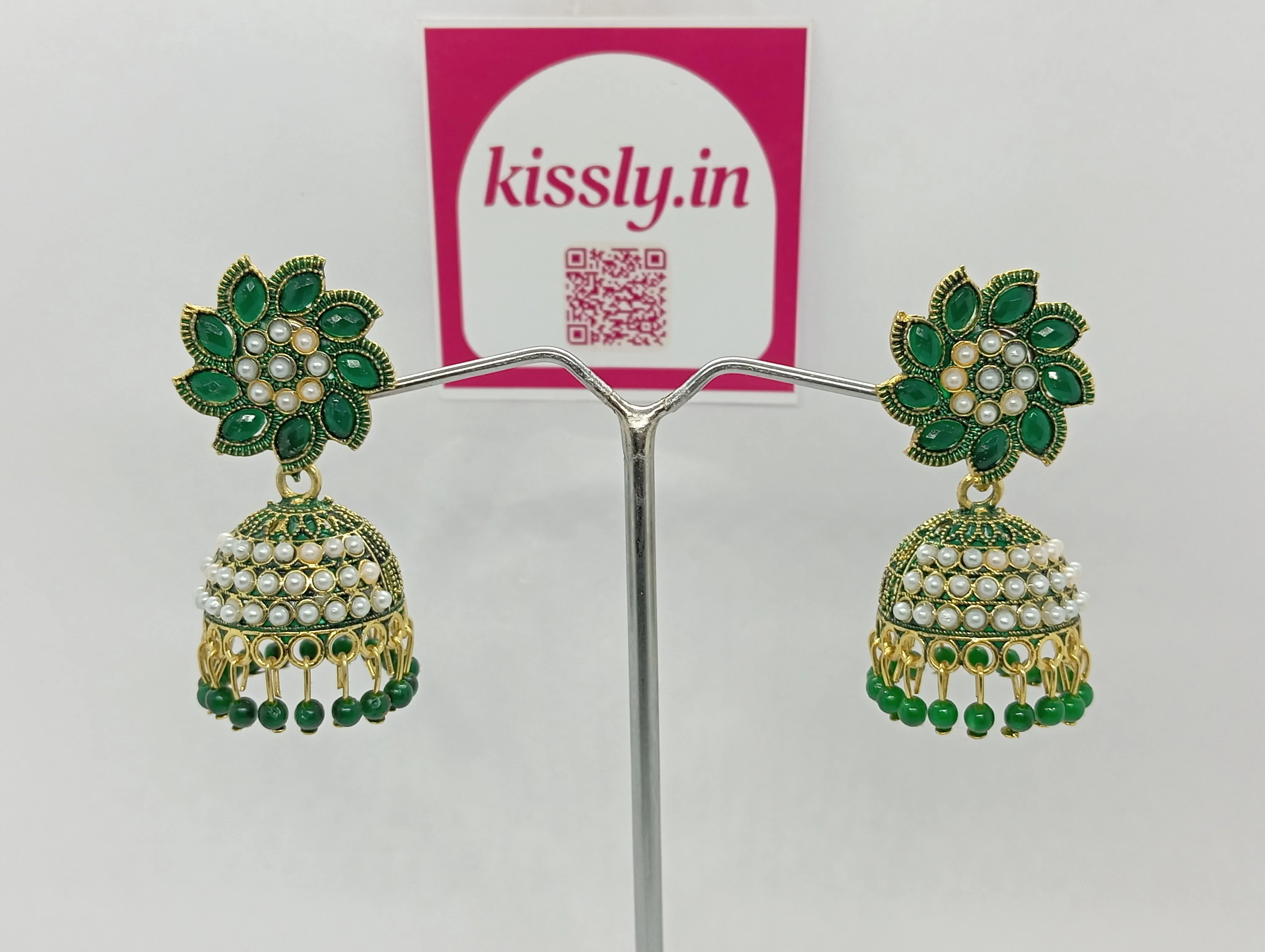 Pearl and Green Stone Jhumka Earrings