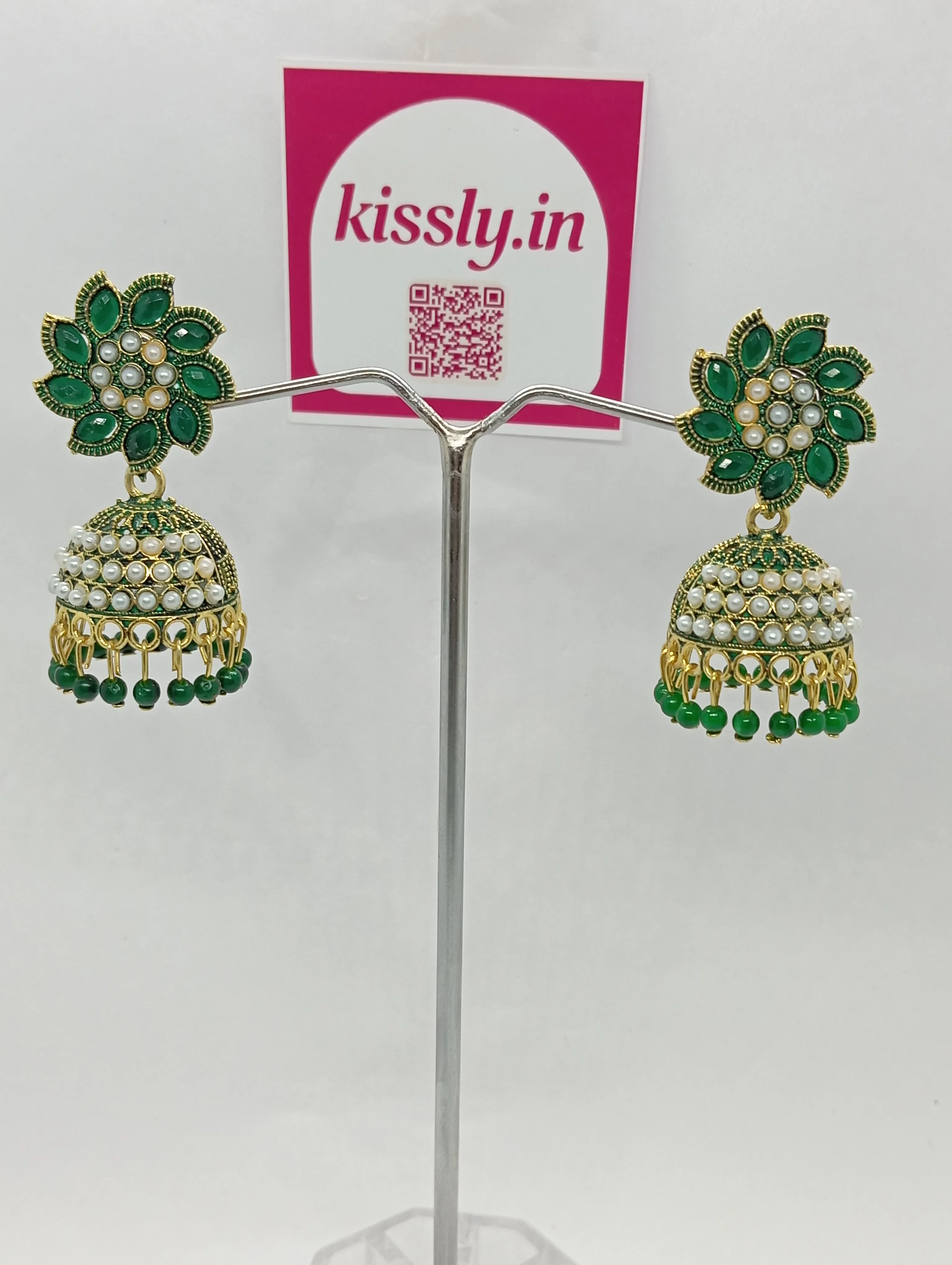 Pearl and Green Stone Jhumka Earrings