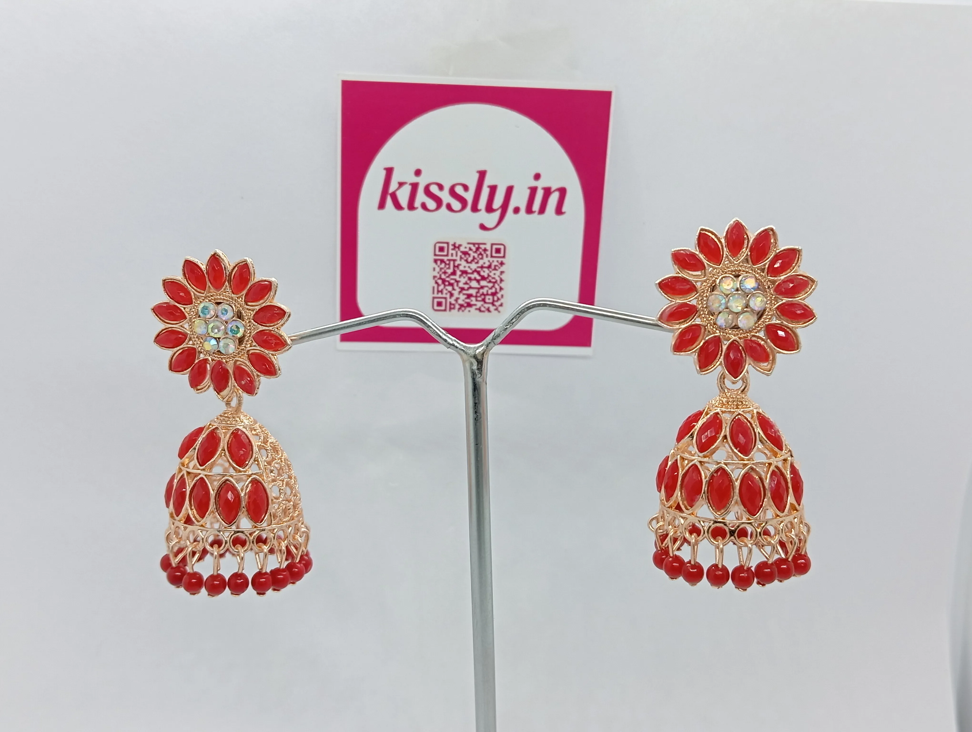 Red Floral Jhumka Earrings