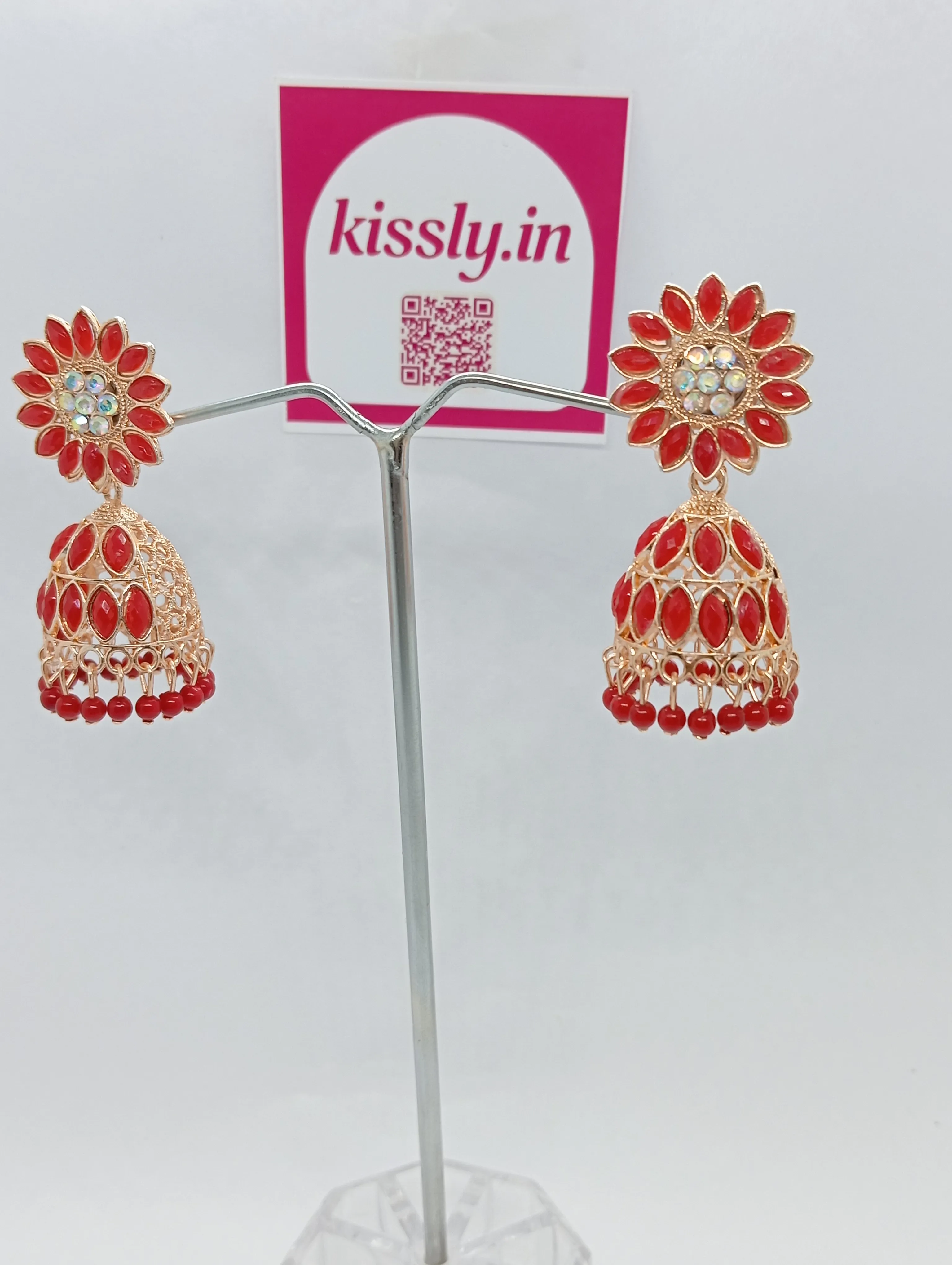 Red Floral Jhumka Earrings