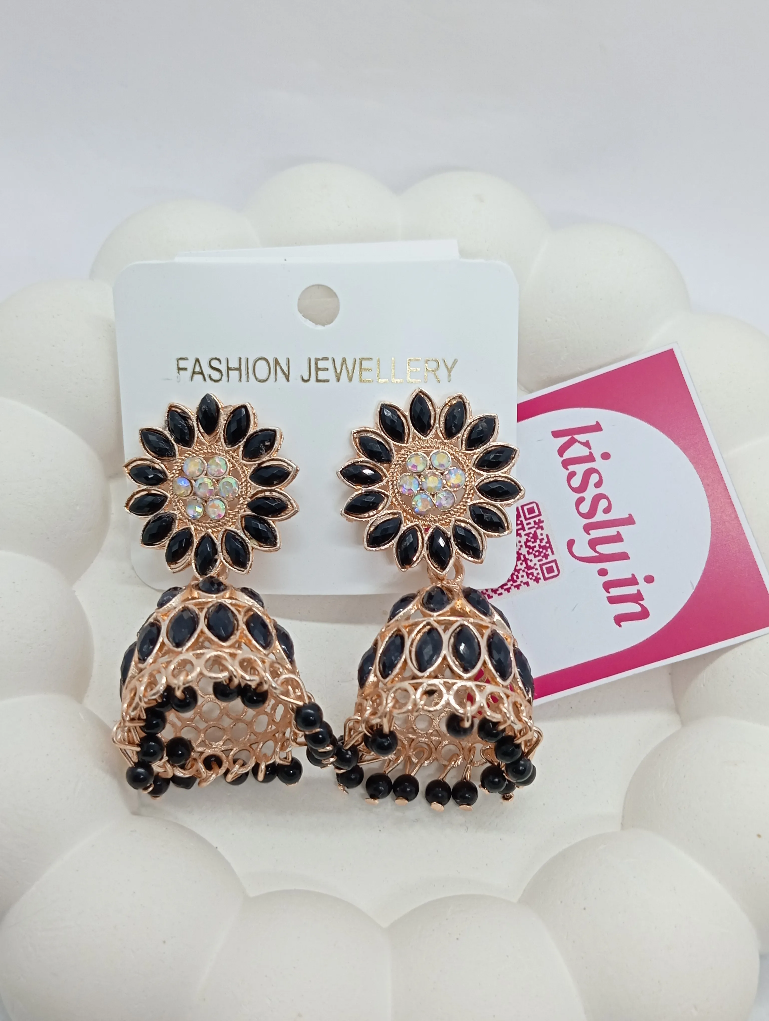 Black Floral Jhumka Earrings