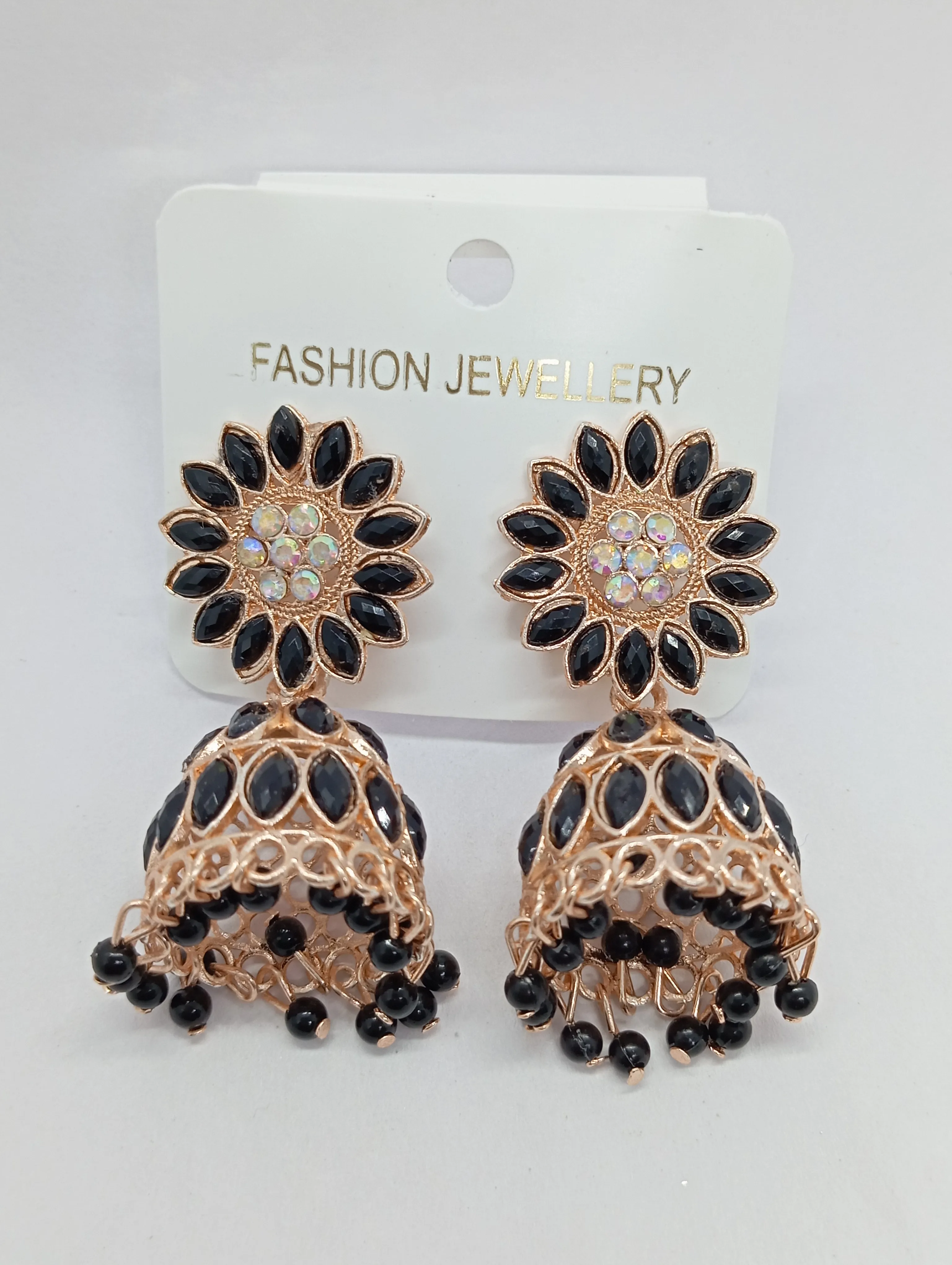 Black Floral Jhumka Earrings