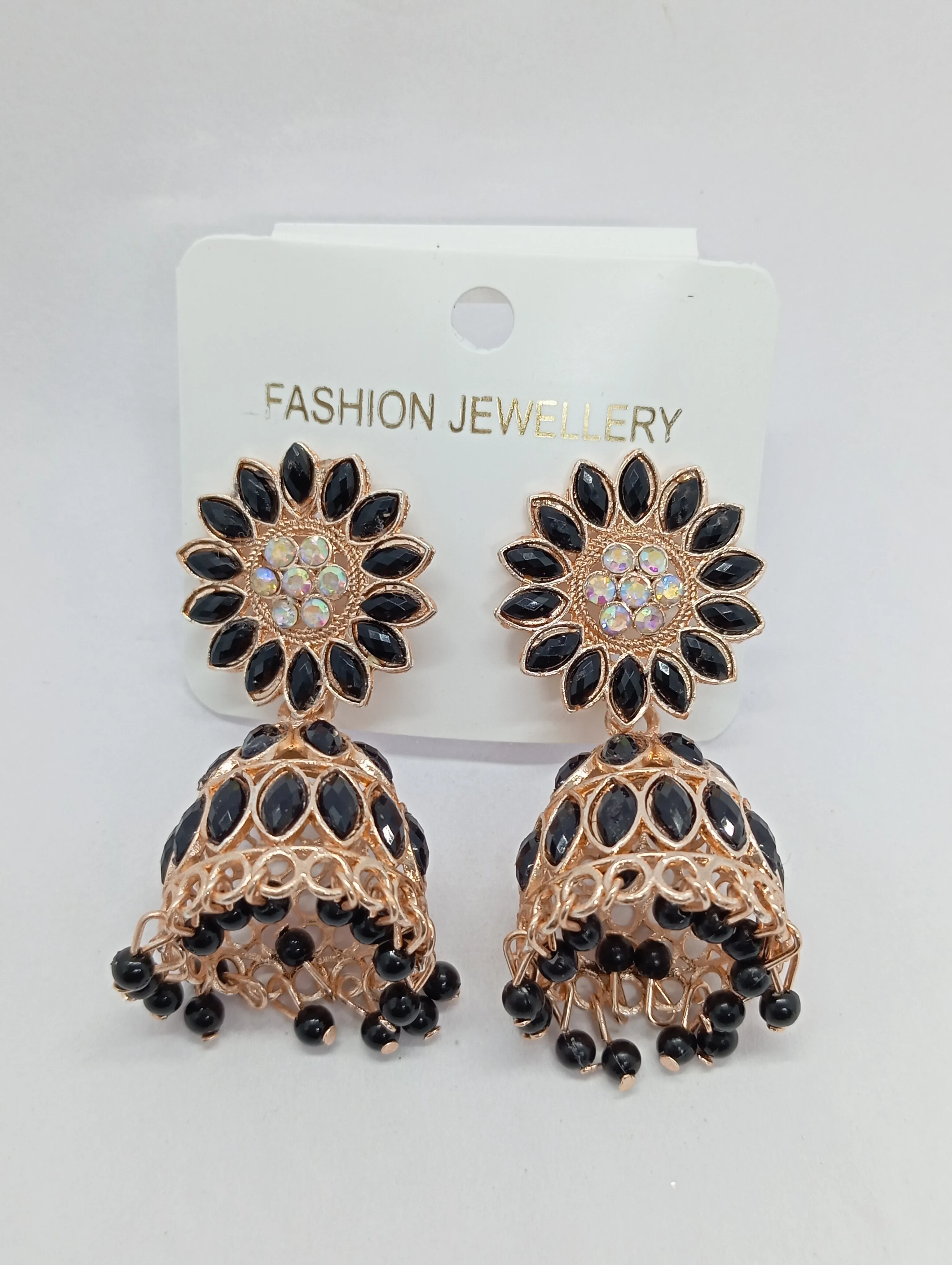 Black Floral Jhumka Earrings