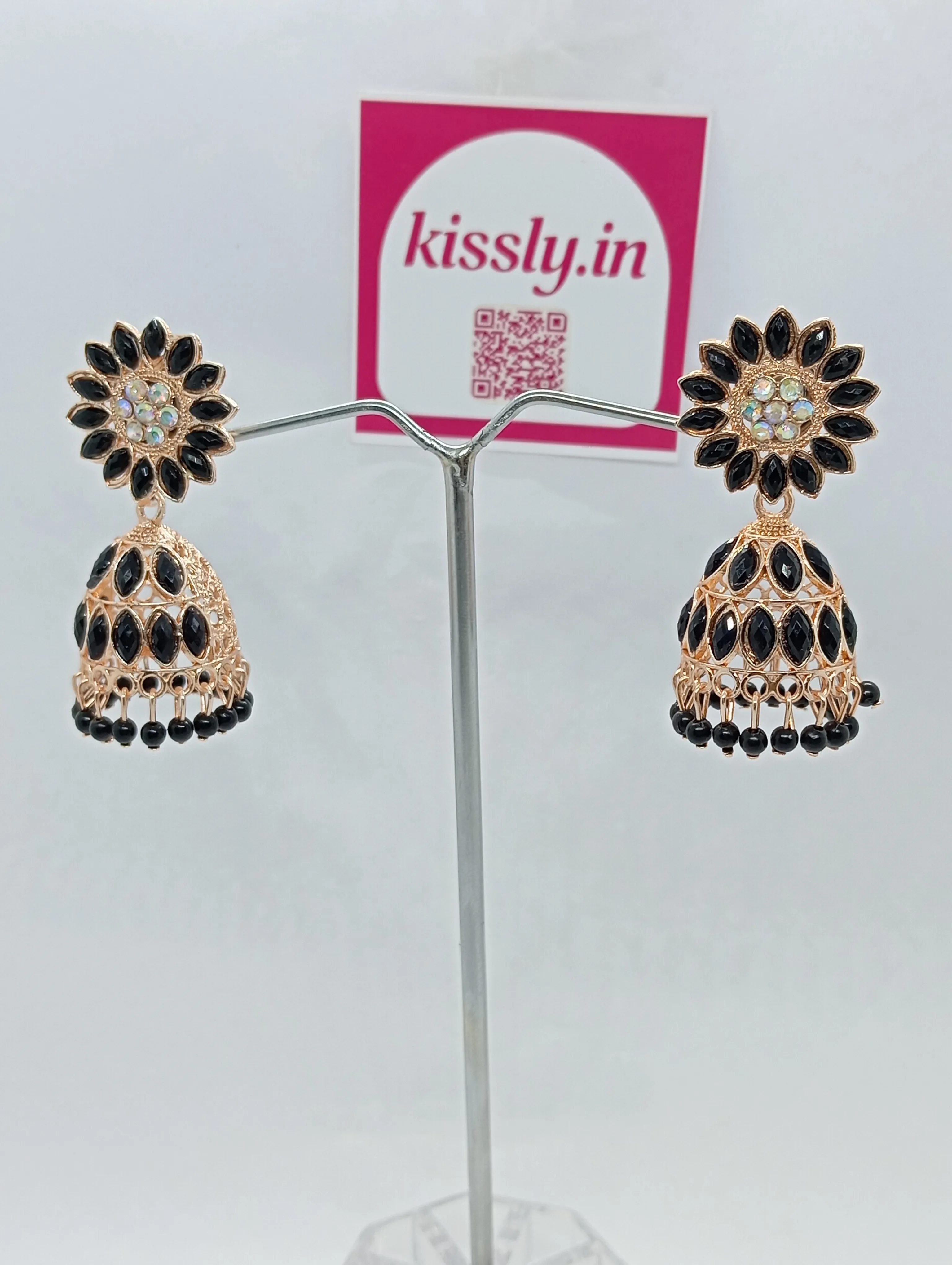 Black Floral Jhumka Earrings