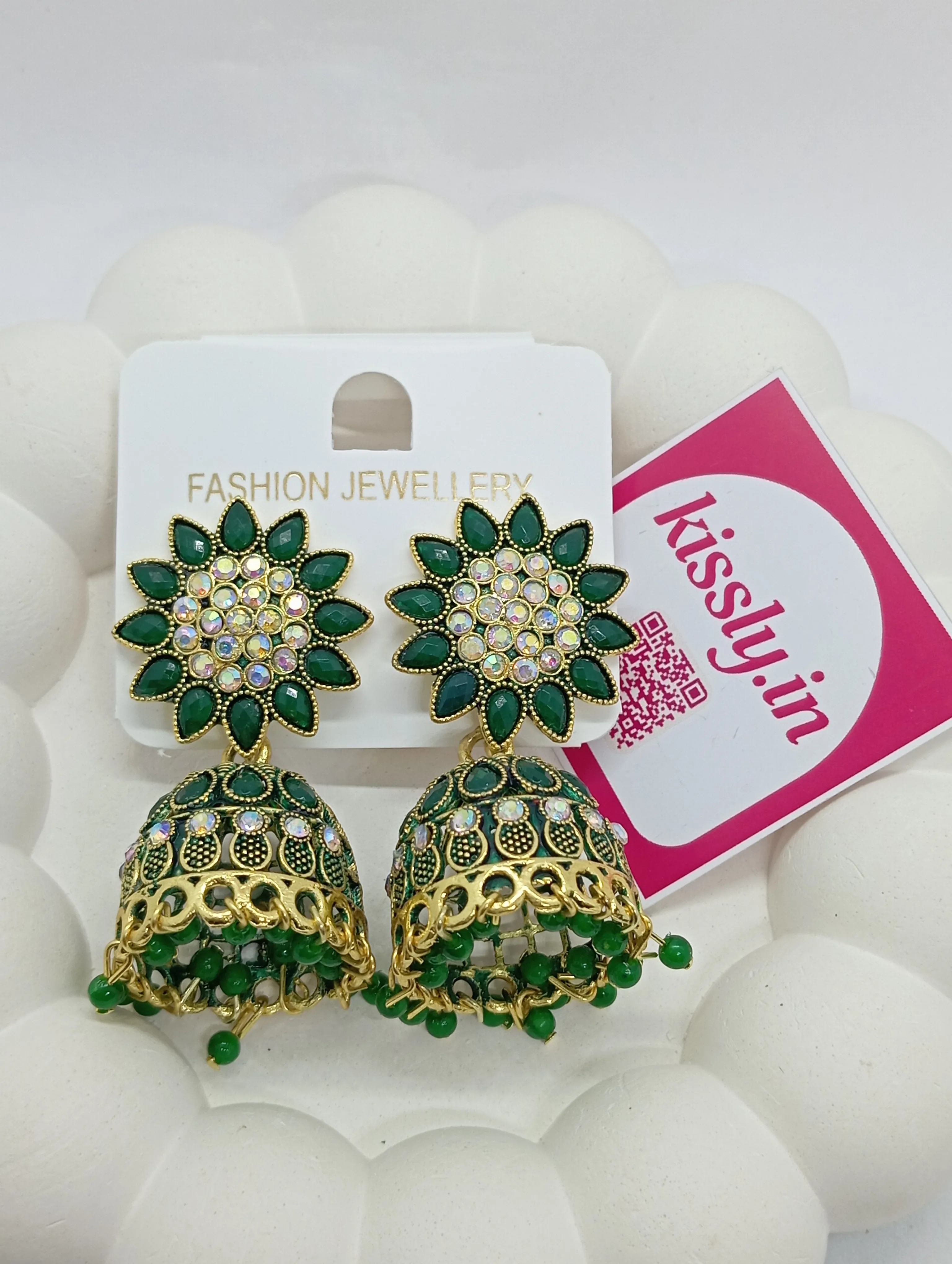 Green Stone Studded Jhumka Earrings