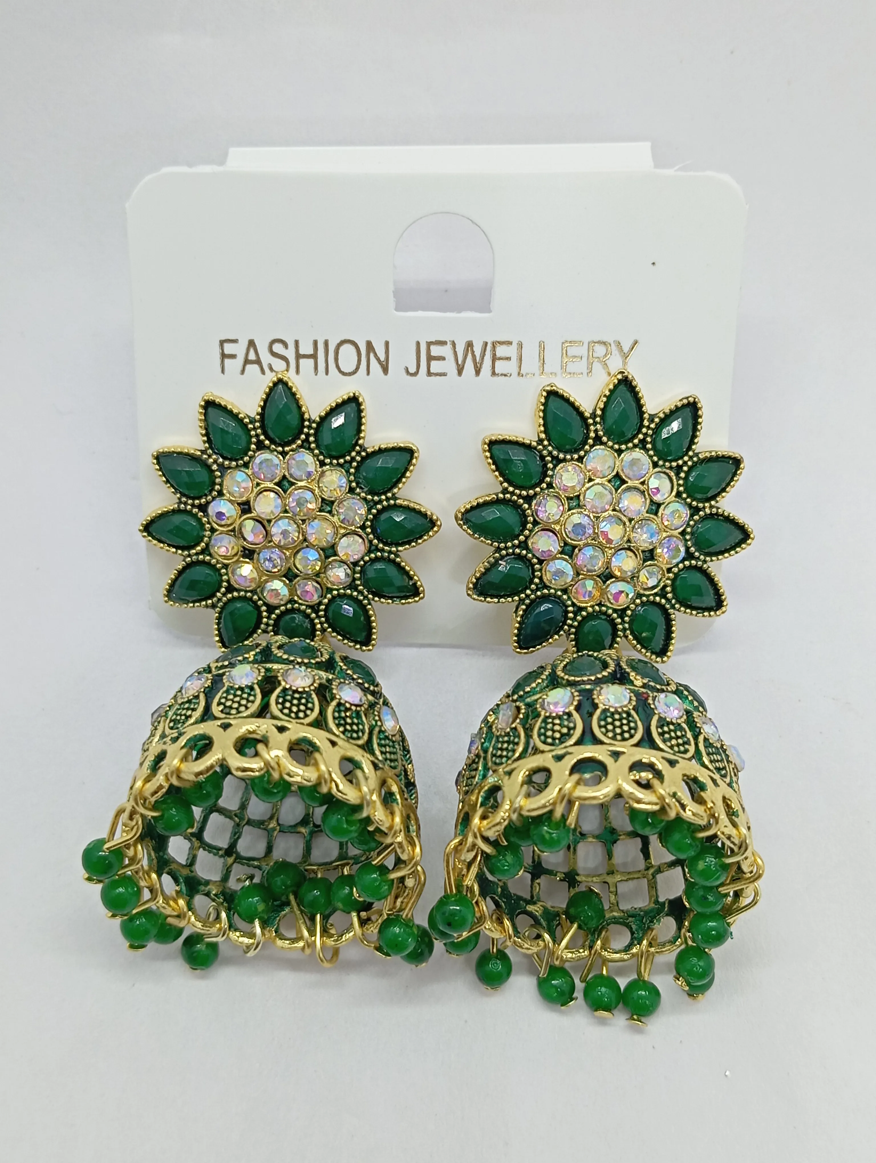Green Stone Studded Jhumka Earrings