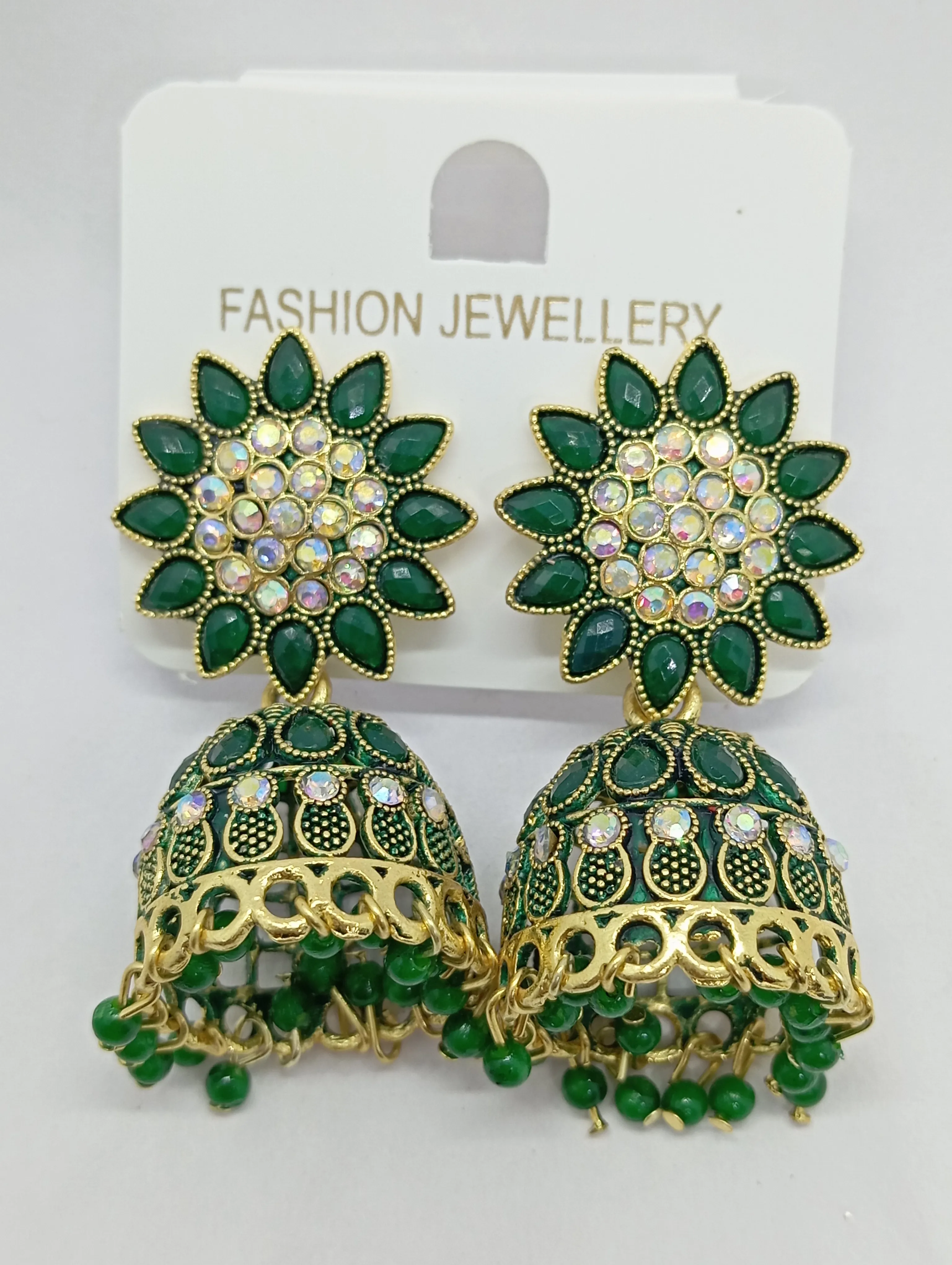 Green Stone Studded Jhumka Earrings