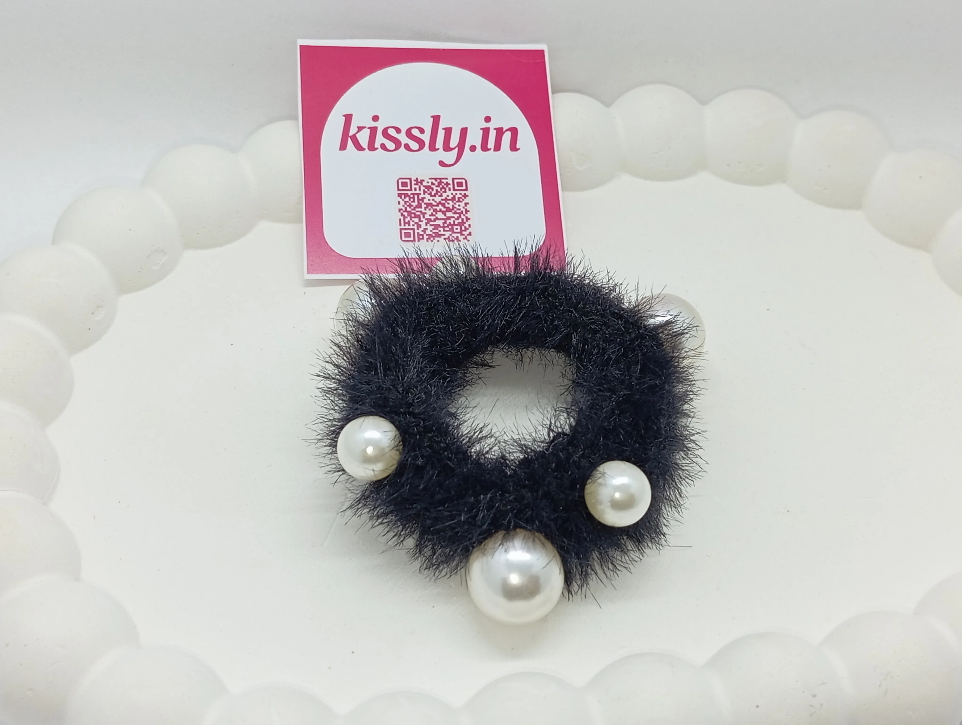 Faux Fur Hair Tie with Pearls