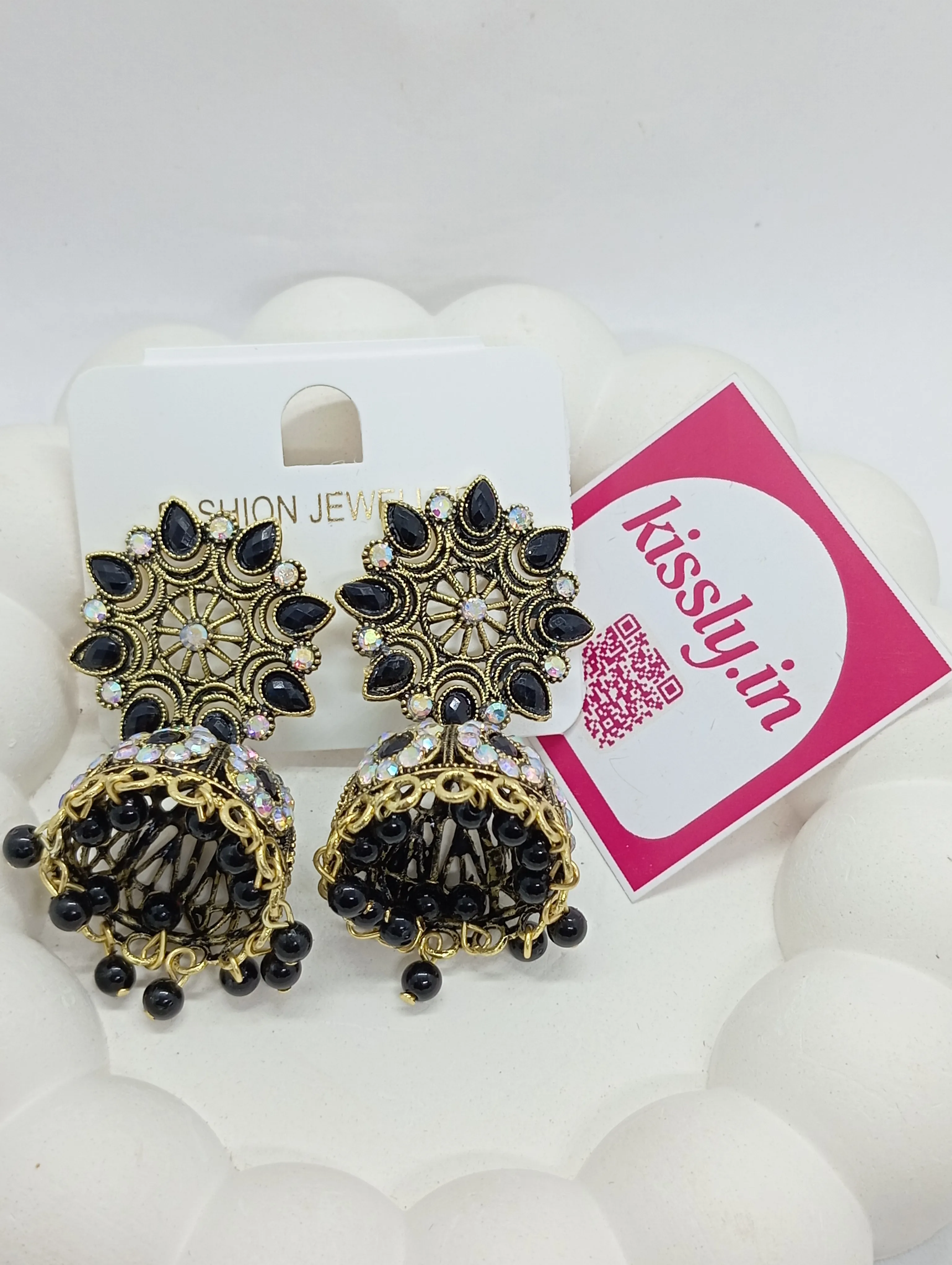 Black Beaded Jhumka Earrings