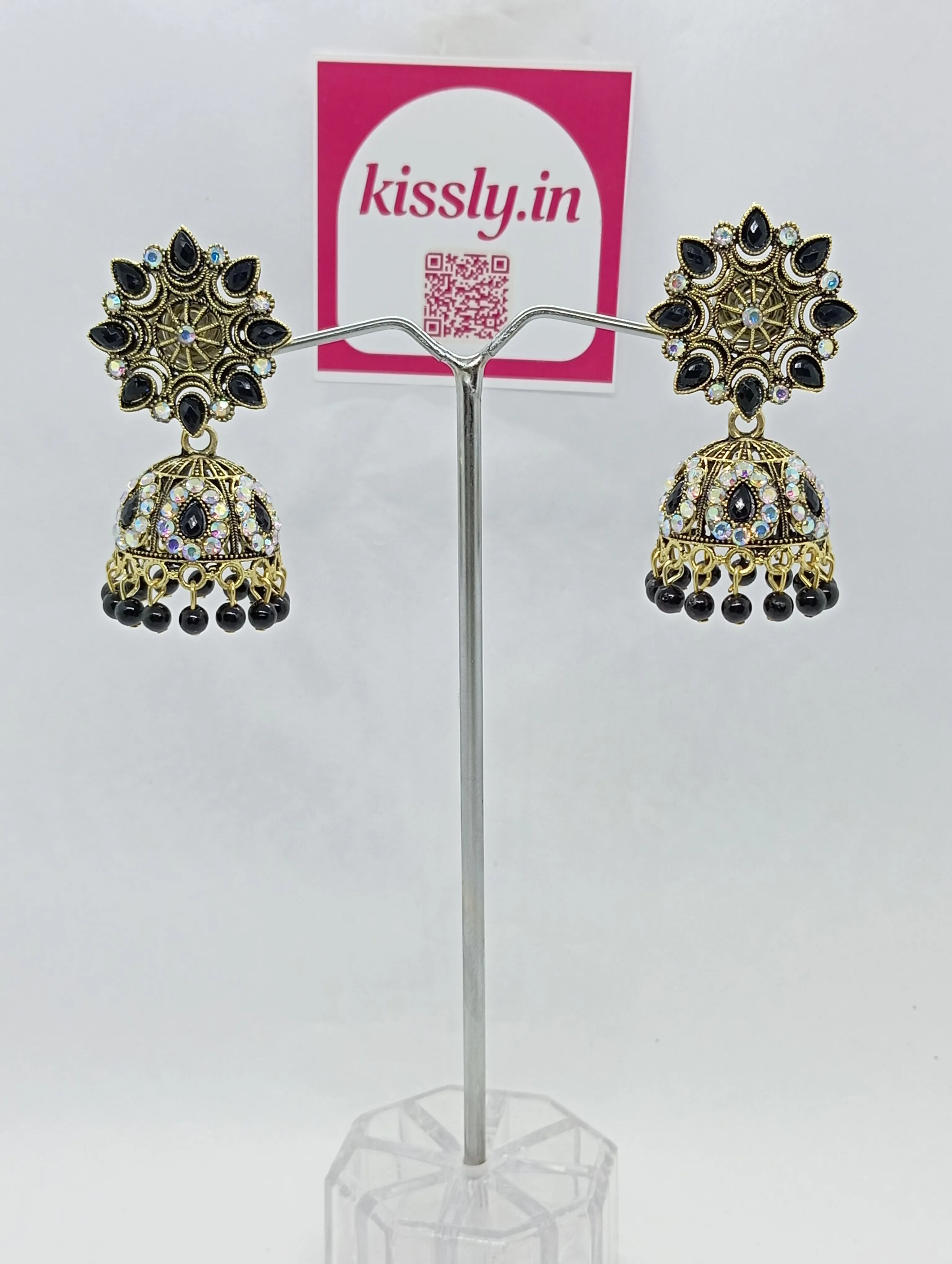 Black Beaded Jhumka Earrings