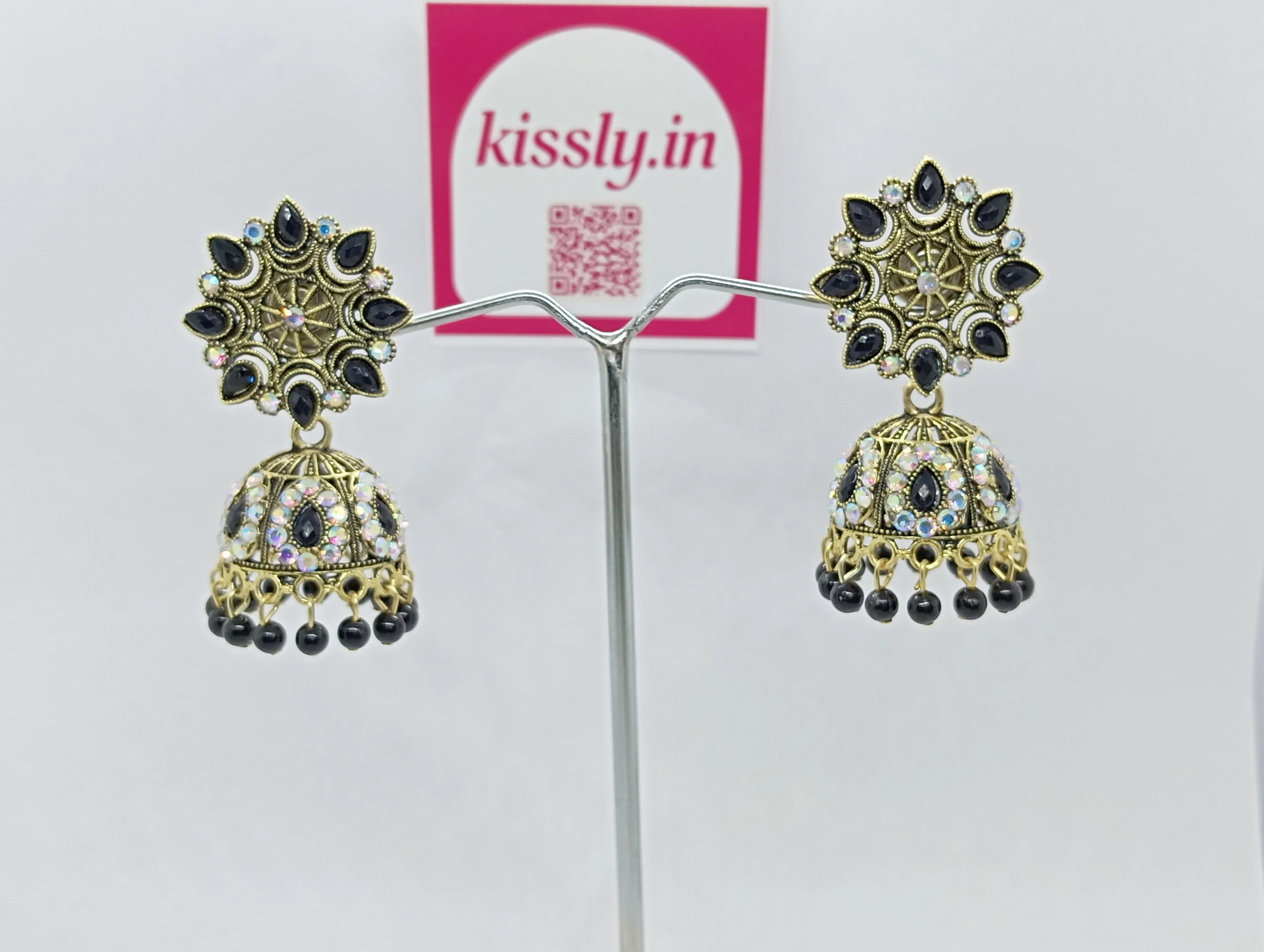Black Beaded Jhumka Earrings