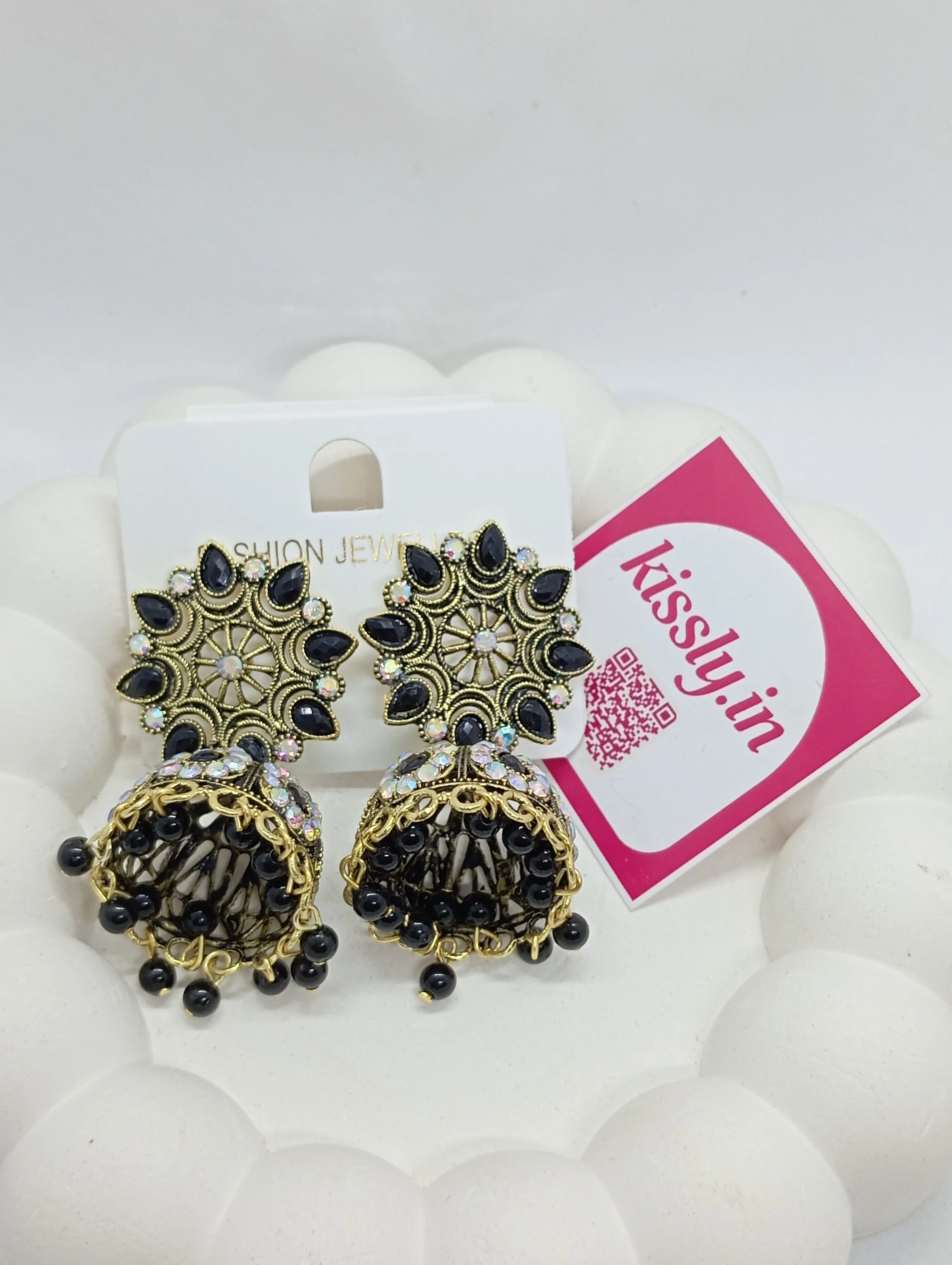 Black Beaded Jhumka Earrings