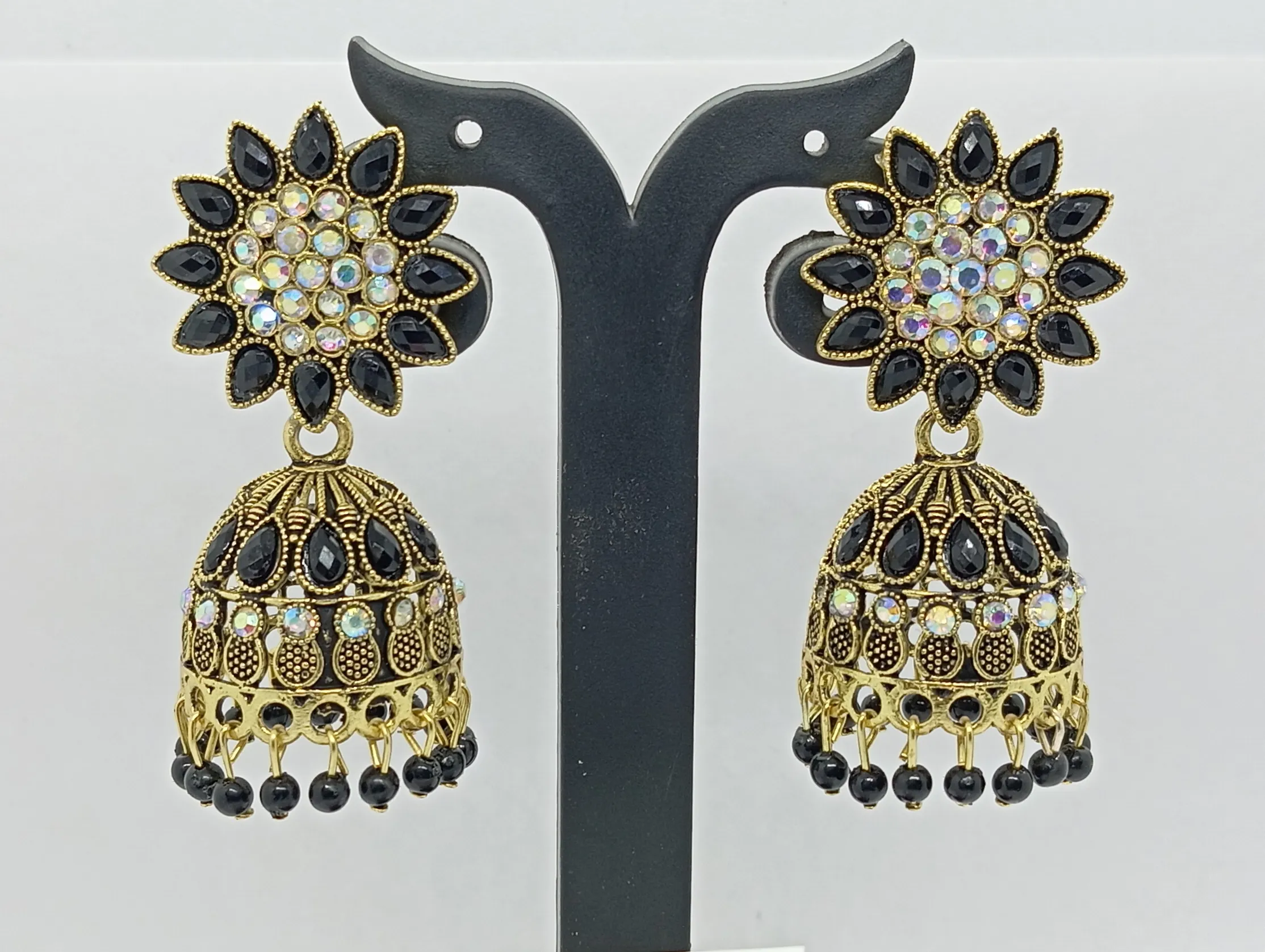 Black Stone Studded Jhumka Earrings