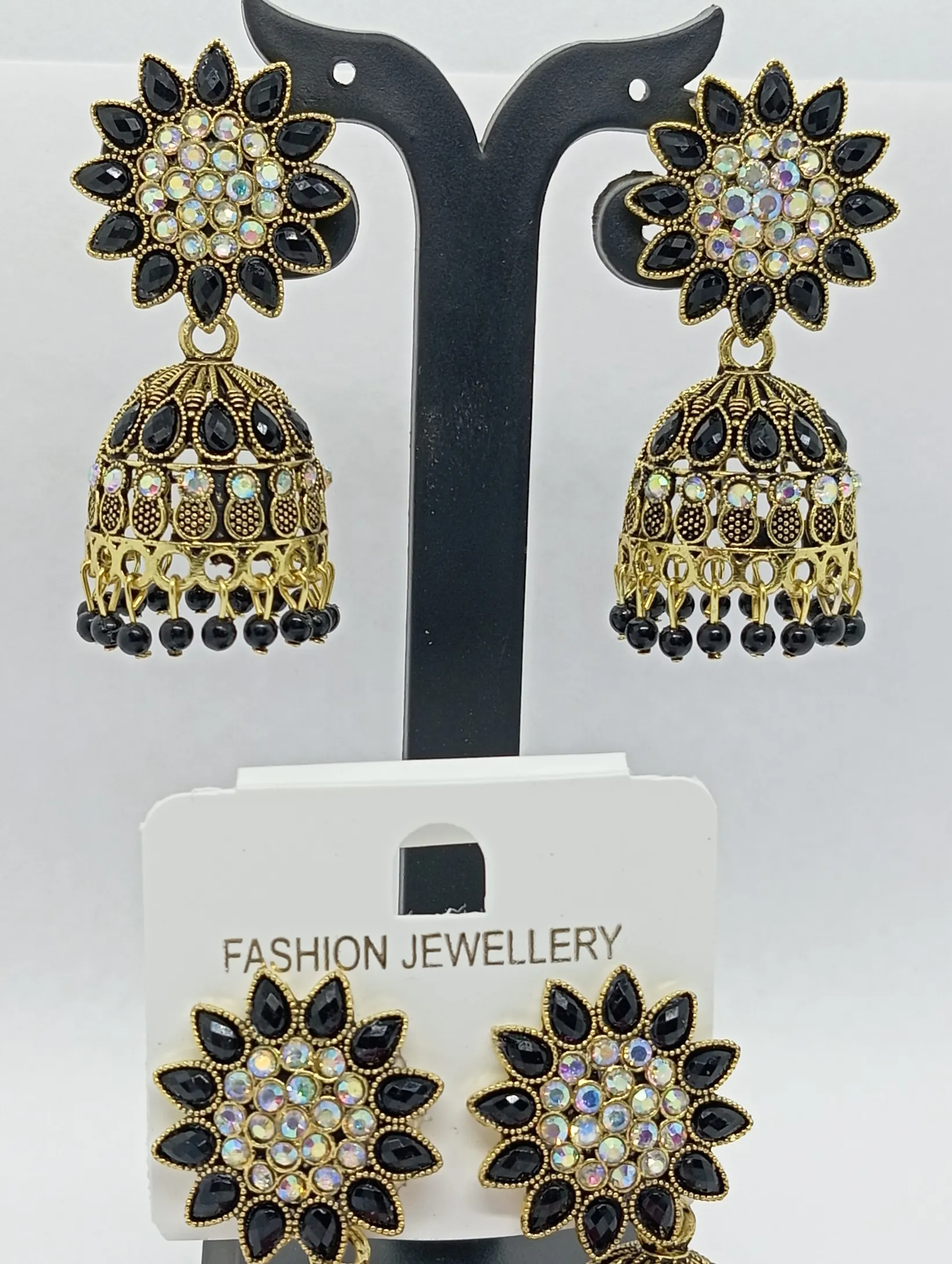 Black Stone Studded Jhumka Earrings