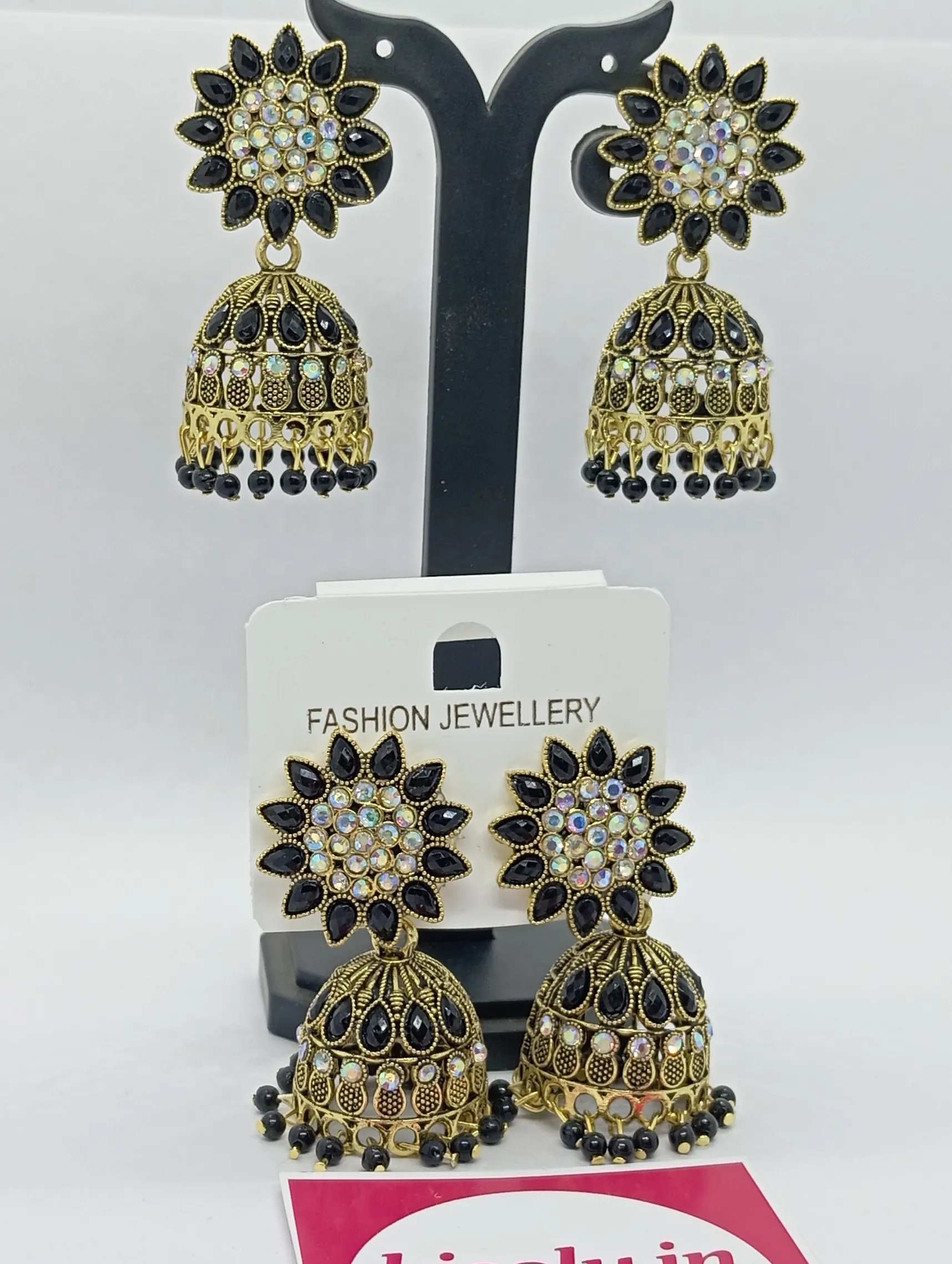 Black Stone Studded Jhumka Earrings