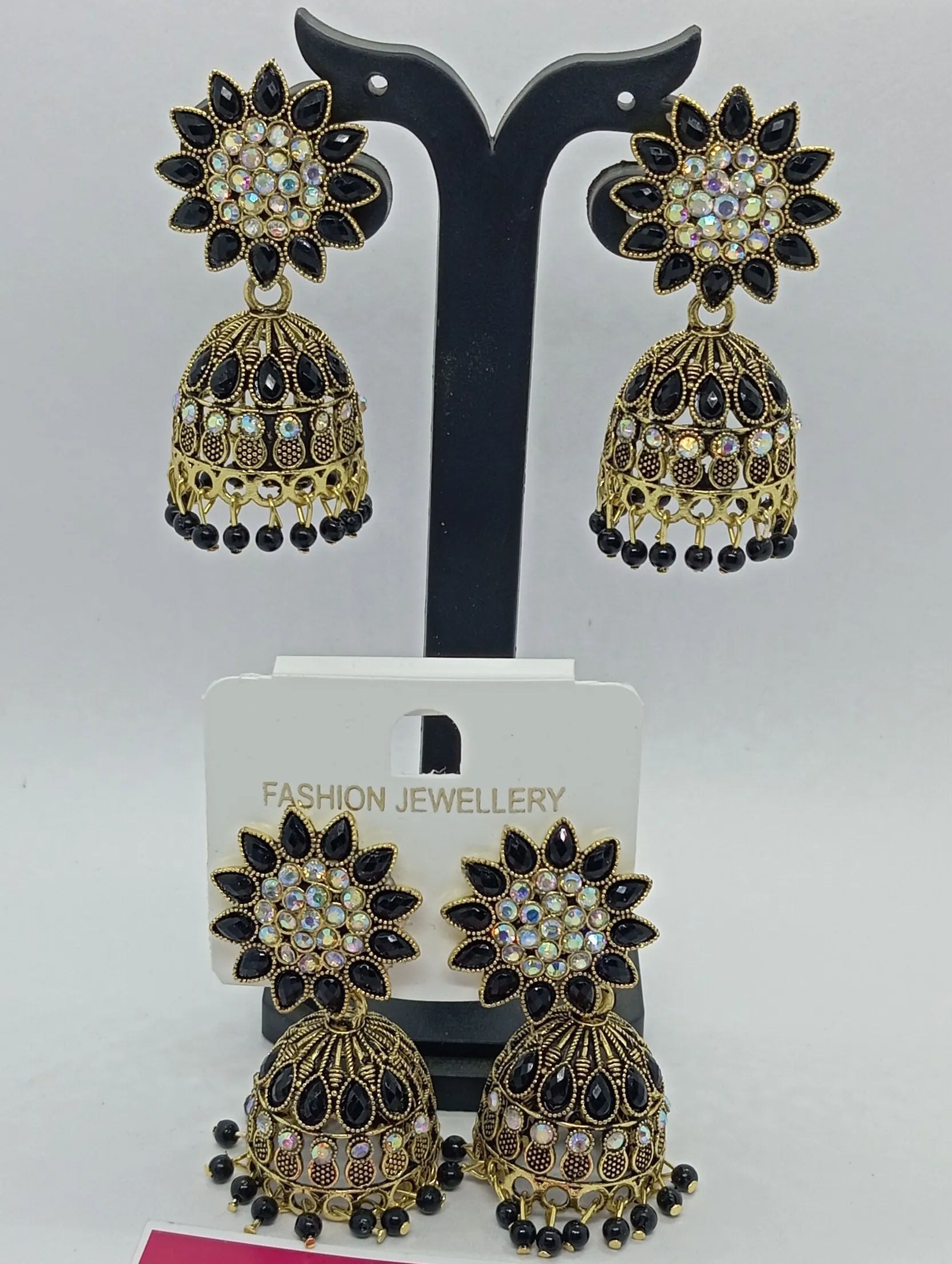 Black Stone Studded Jhumka Earrings