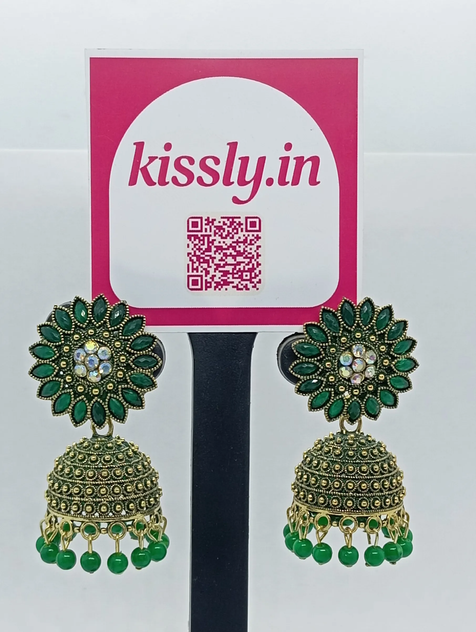 Green Floral Jhumka Earrings