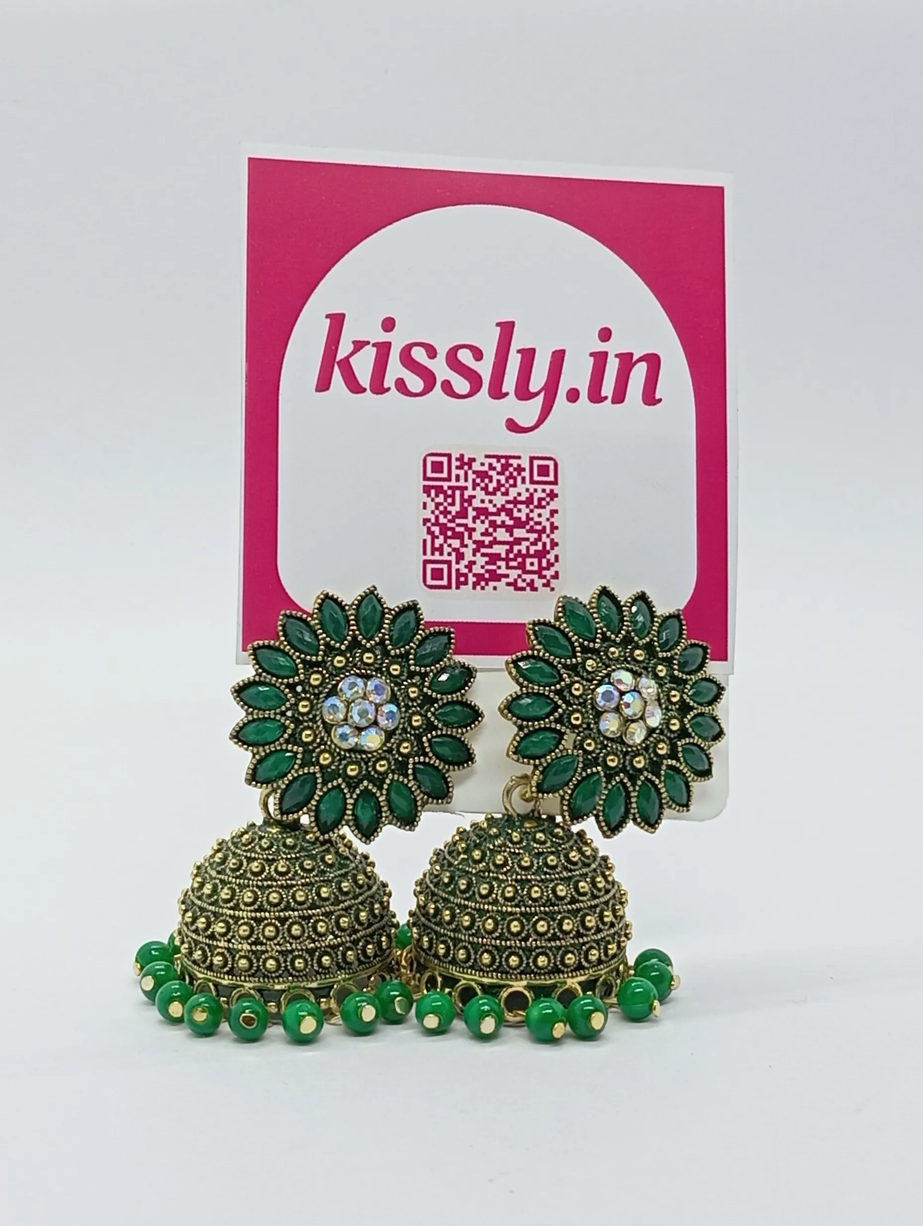 Green Floral Jhumka Earrings