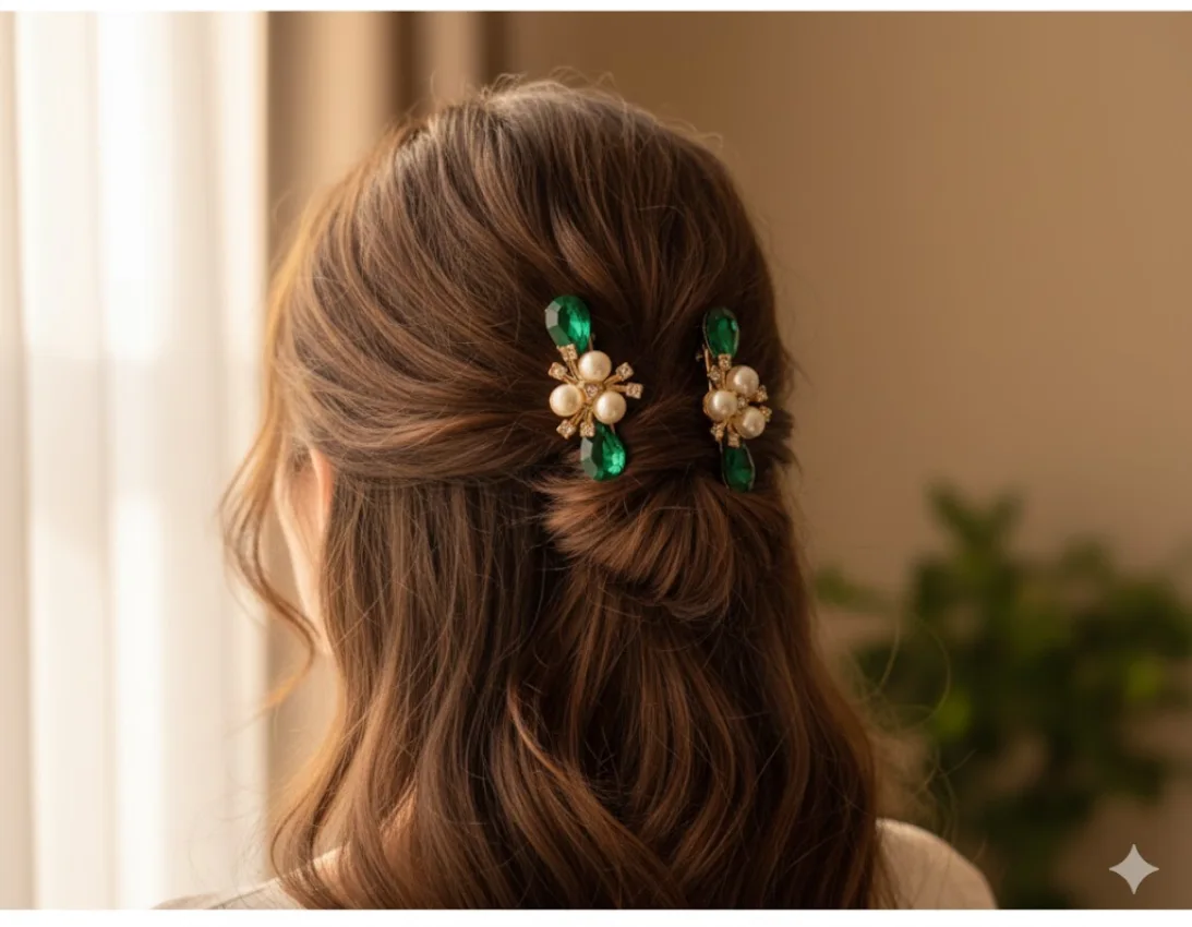 Pearl and Emerald Hair Clip