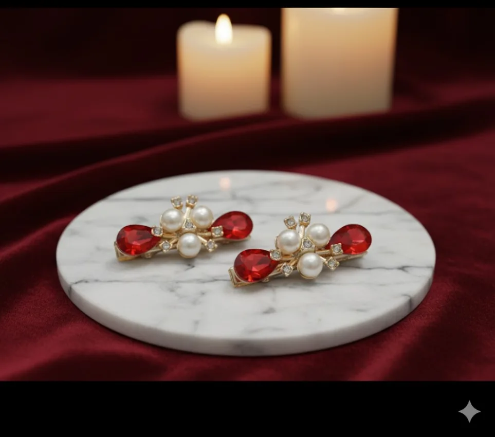 Pearl and Red Crystal Hair Clip