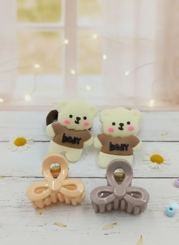 Bear Hair Ties and Bow Hair Clips Set