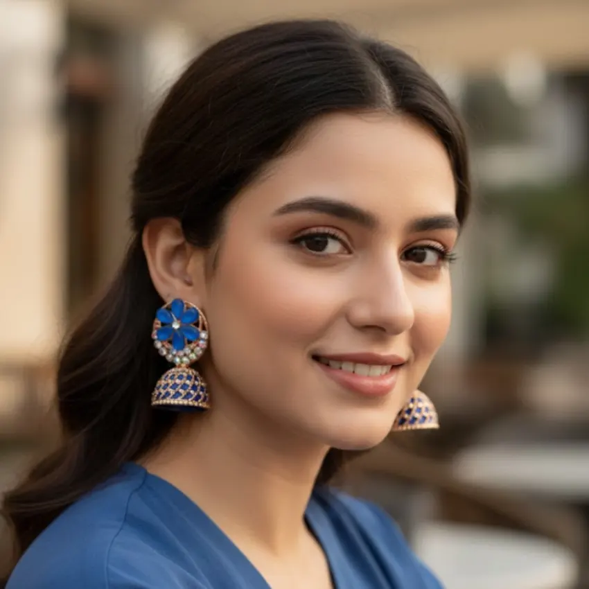 Blue Floral Jhumka Earrings