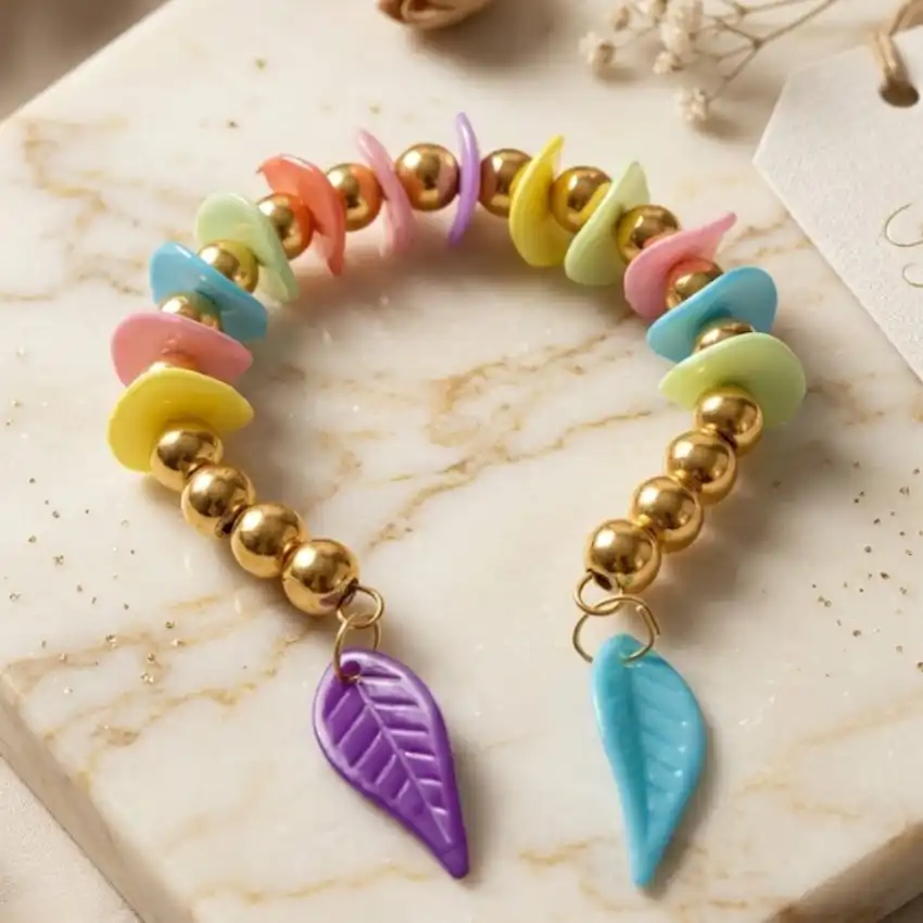 Colorful Beaded Bracelet with Leaf Charms