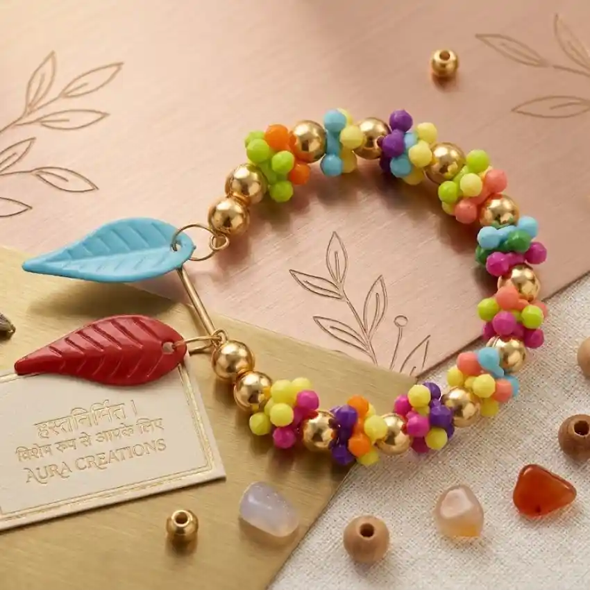 Colorful Beaded Bracelet with Leaf Charms