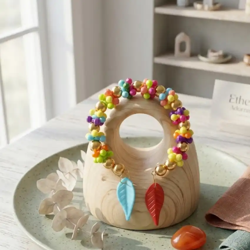 Colorful Beaded Bracelet with Leaf Charms