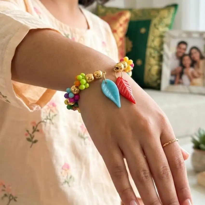 Colorful Beaded Bracelet with Leaf Charms