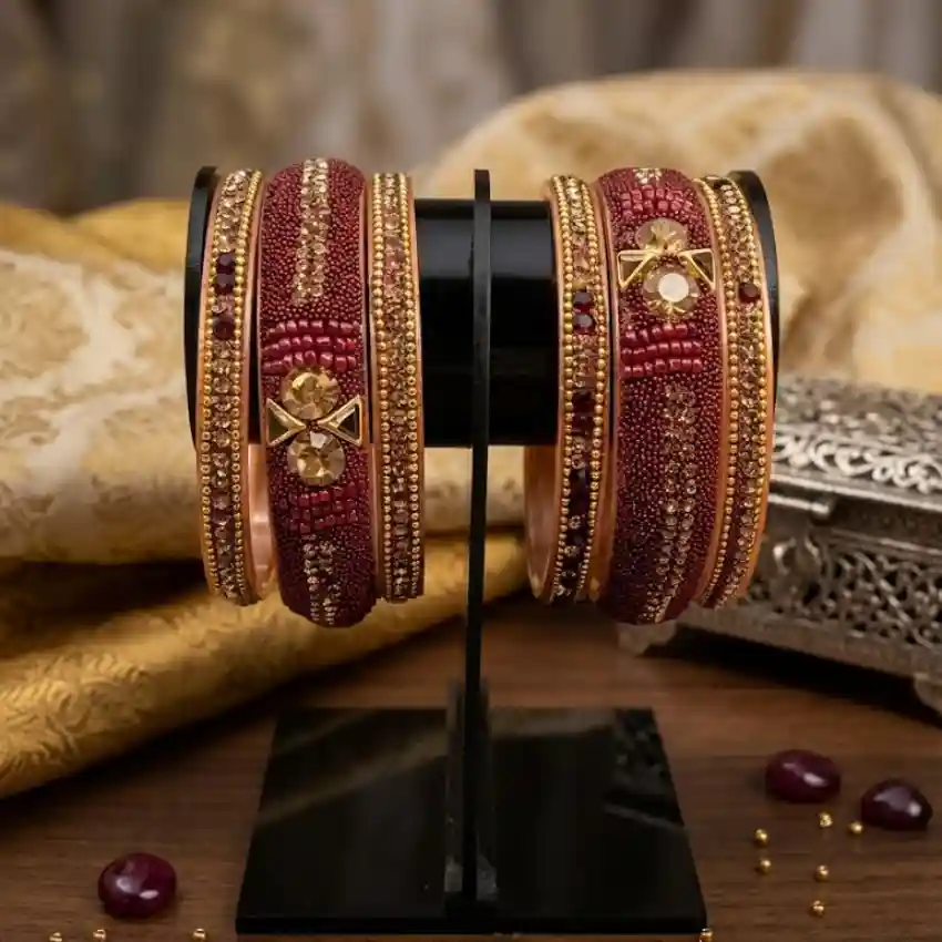 Embellished Maroon Stone-Studded Chudi Bangles Set