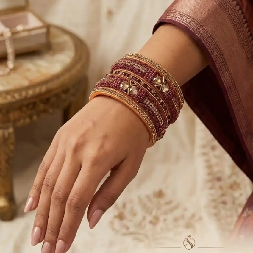Embellished Maroon Stone-Studded Chudi Bangles Set