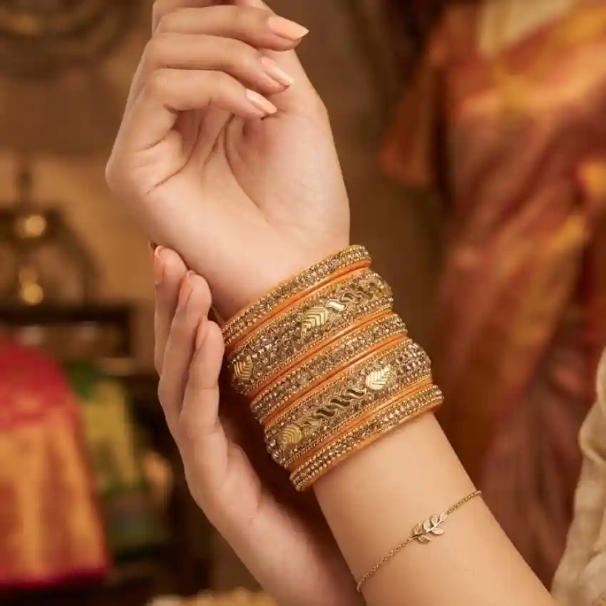 Designer Orange Stone Studded Chudi Bangles Set