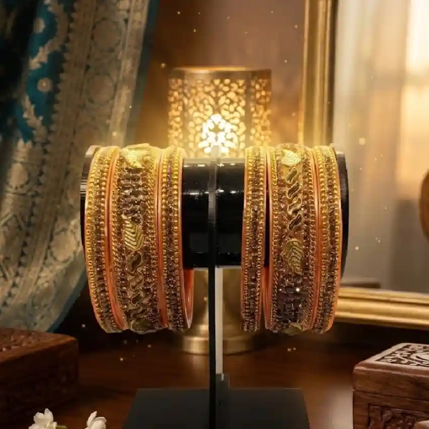 Designer Orange Stone Studded Chudi Bangles Set