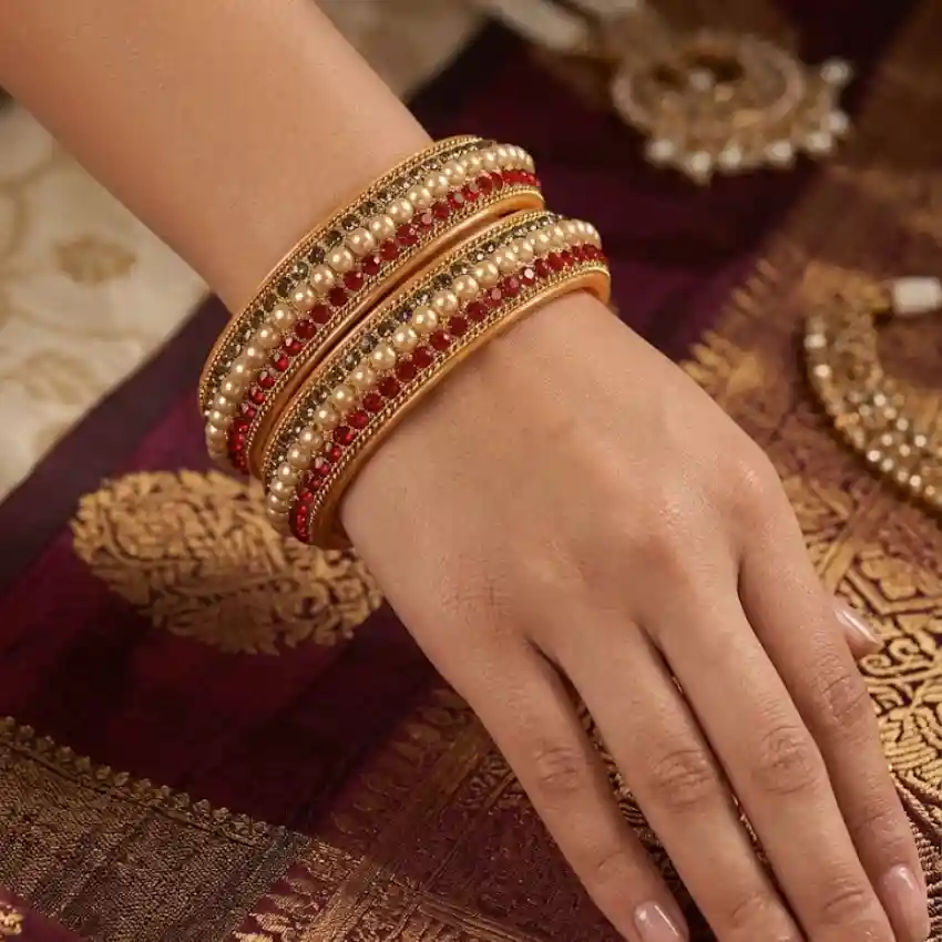 Traditional Red Stone & Pearl Studded Chudi Bangles