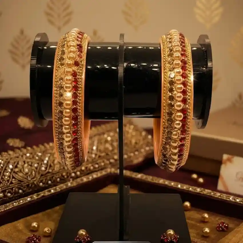 Traditional Red Stone & Pearl Studded Chudi Bangles