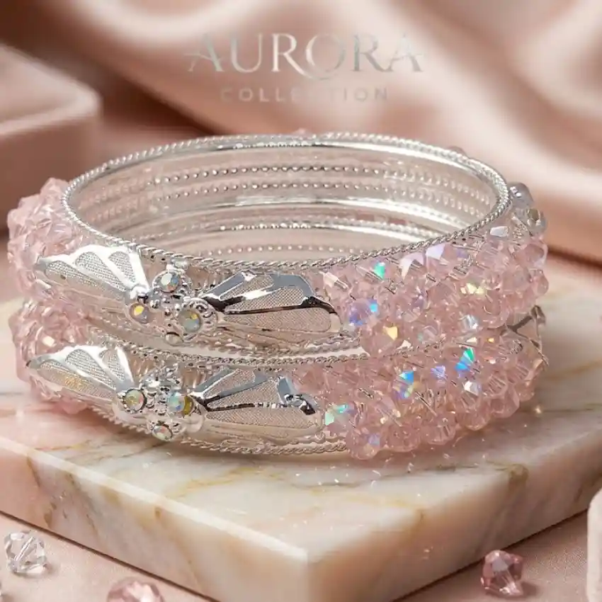 Silver Finish Pink Stone Studded Chudi Bangles Set