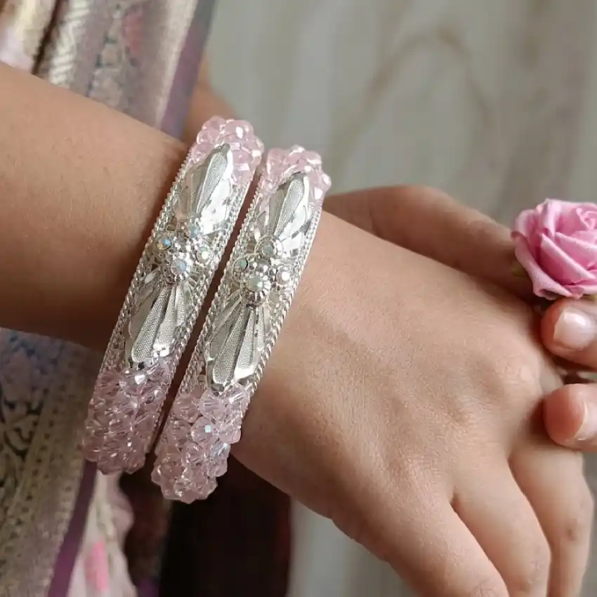 Silver Finish Pink Stone Studded Chudi Bangles Set