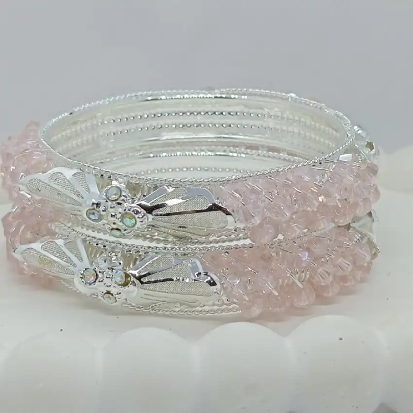 Silver Finish Pink Stone Studded Chudi Bangles Set