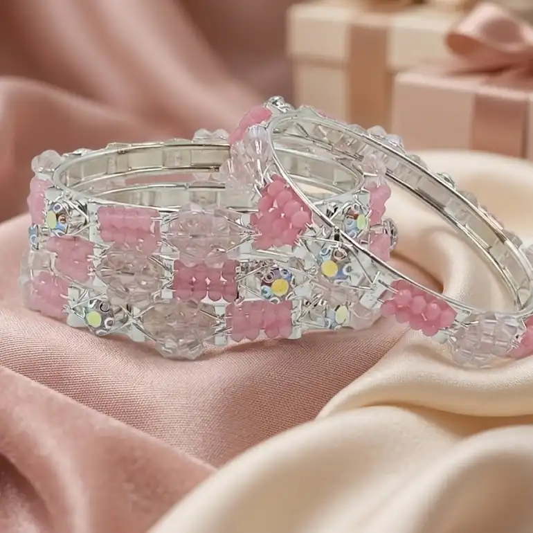 Pink Crystal Beaded Chudi Bangles Set